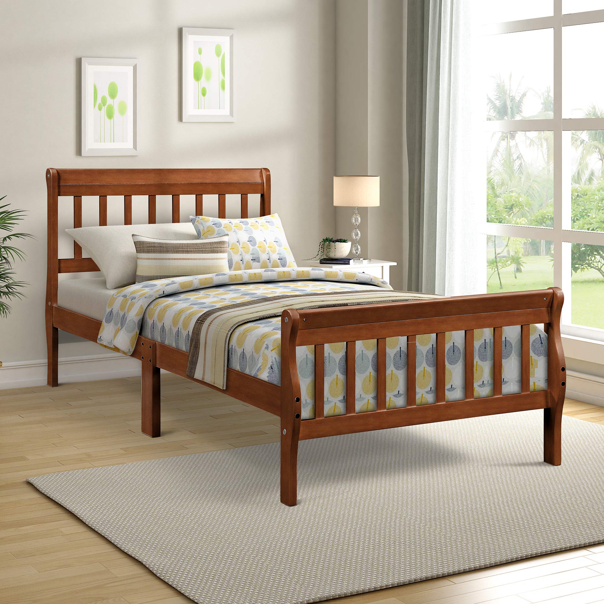 Voohek Twin Size Platform Bed Frame with Headboard, Footboard and Wood Slat Support, Sleigh Beds with Extra Supporting Legs, No 