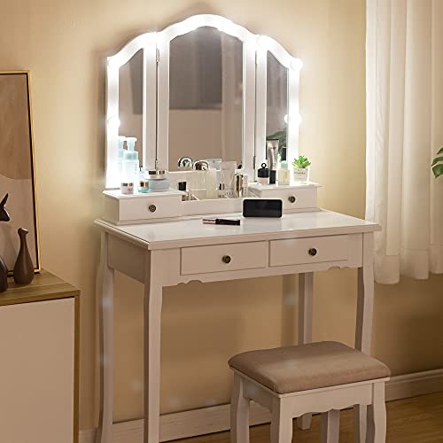 LilyFantasy Vanity Table, Makeup Vanity Table with Lighted Mirror, Vanity Set with Padded Stool, Tri-Fold Bedroom Vanity, 4 Draw