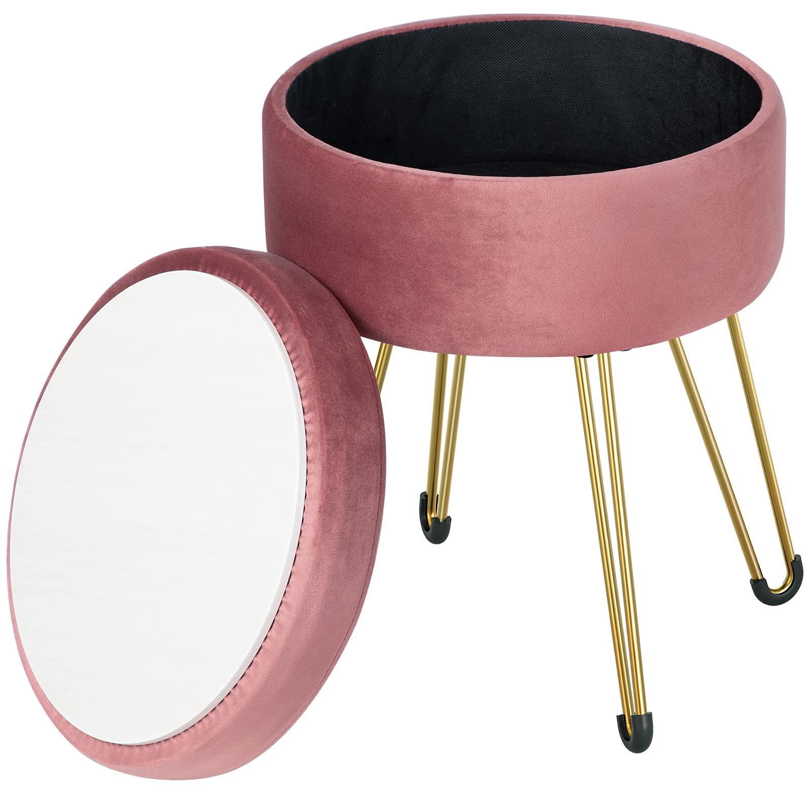 HOOBRO Vanity Stool with Storage, Ottoman Stool, Round Vanity chair Sponge cushion, 4 Metal Legs, Supports 287 lb, Footrest, Mul