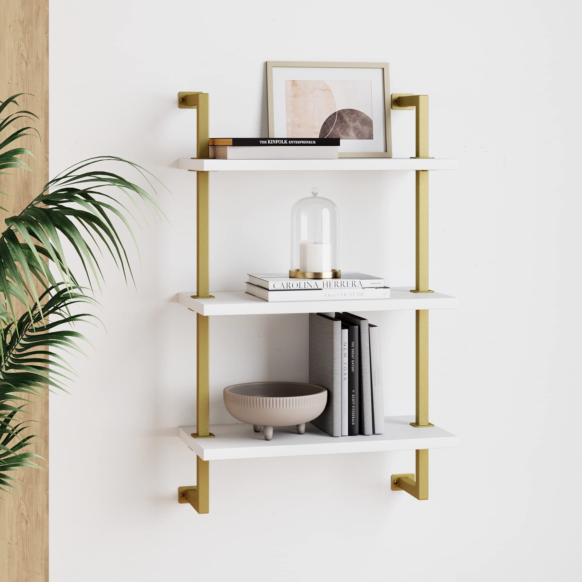 Nathan James Theo 3-Shelf Small Bookcase, Floating Wall Mount Bookshelf with Wood and Industrial PipeMetal Frame, WhiteBrass gol