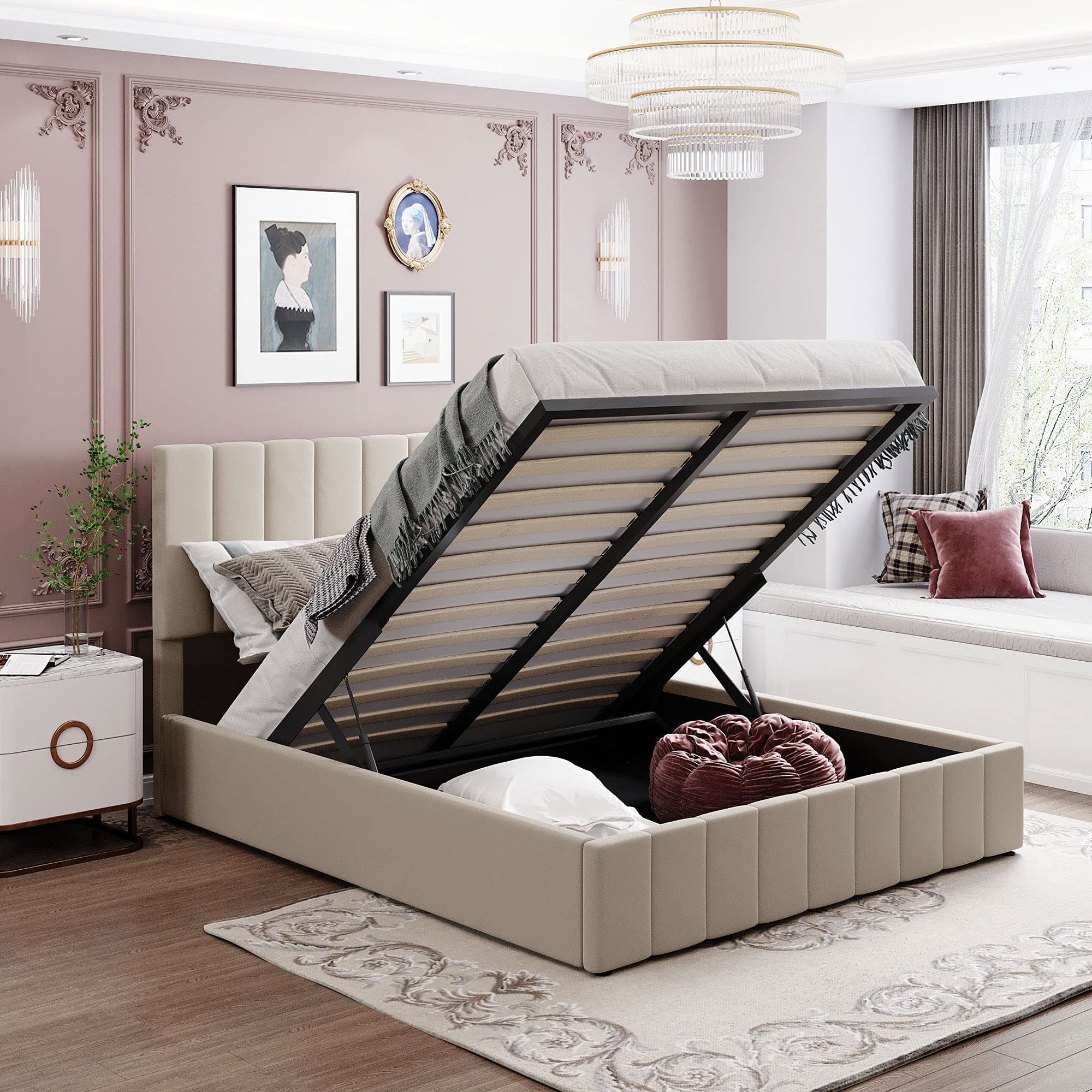 TRIPLE TREE Upholstered Platform Bed with Storage Underneath, Queen Size Wood Platform Bed Frame with Headboard and a Hydraulic 