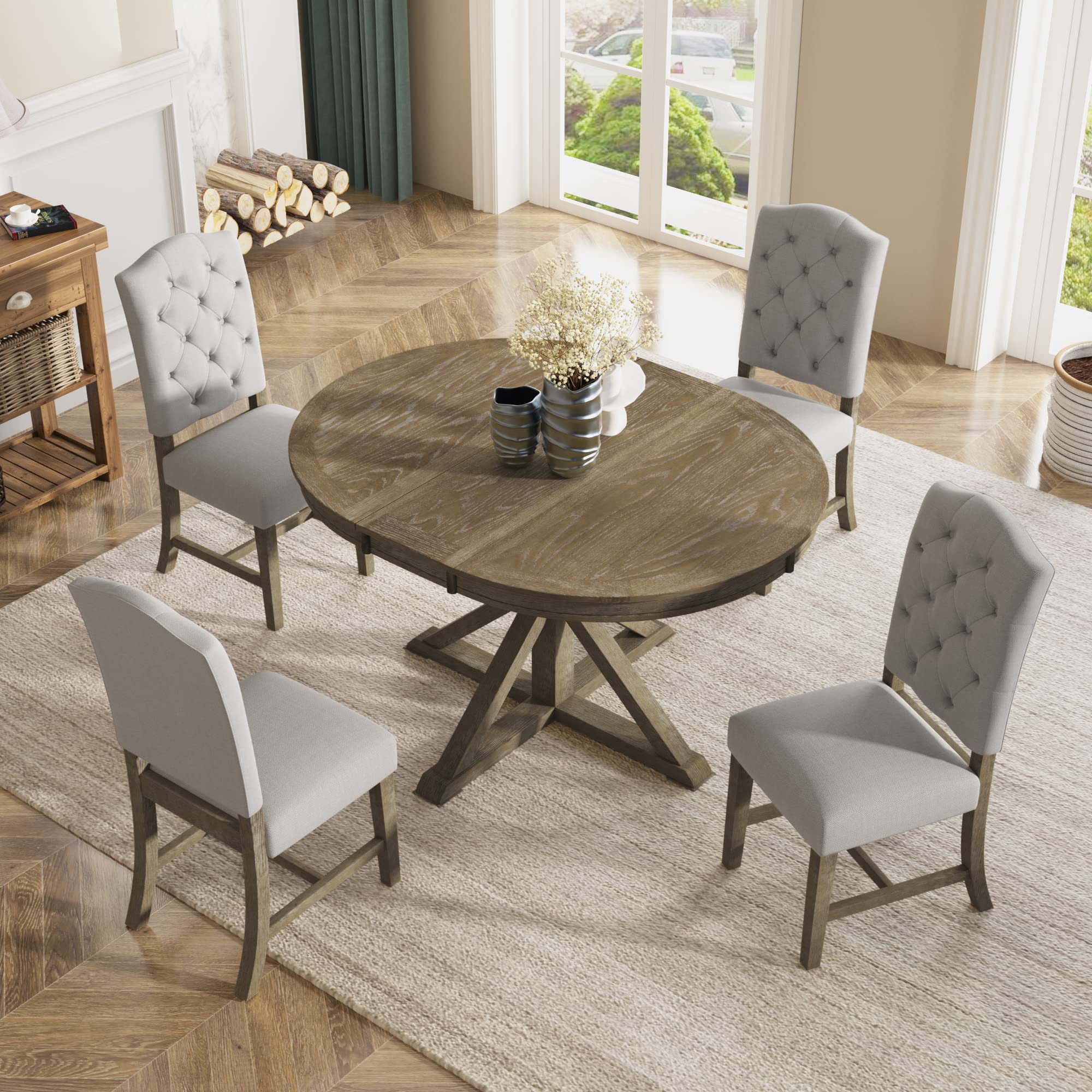 P PURLOVE Retro Style 5-Piece Round Dining Table Set for 4,Round Extendable Table with 4 Upholstered chairs for 4,Dining Room Ta