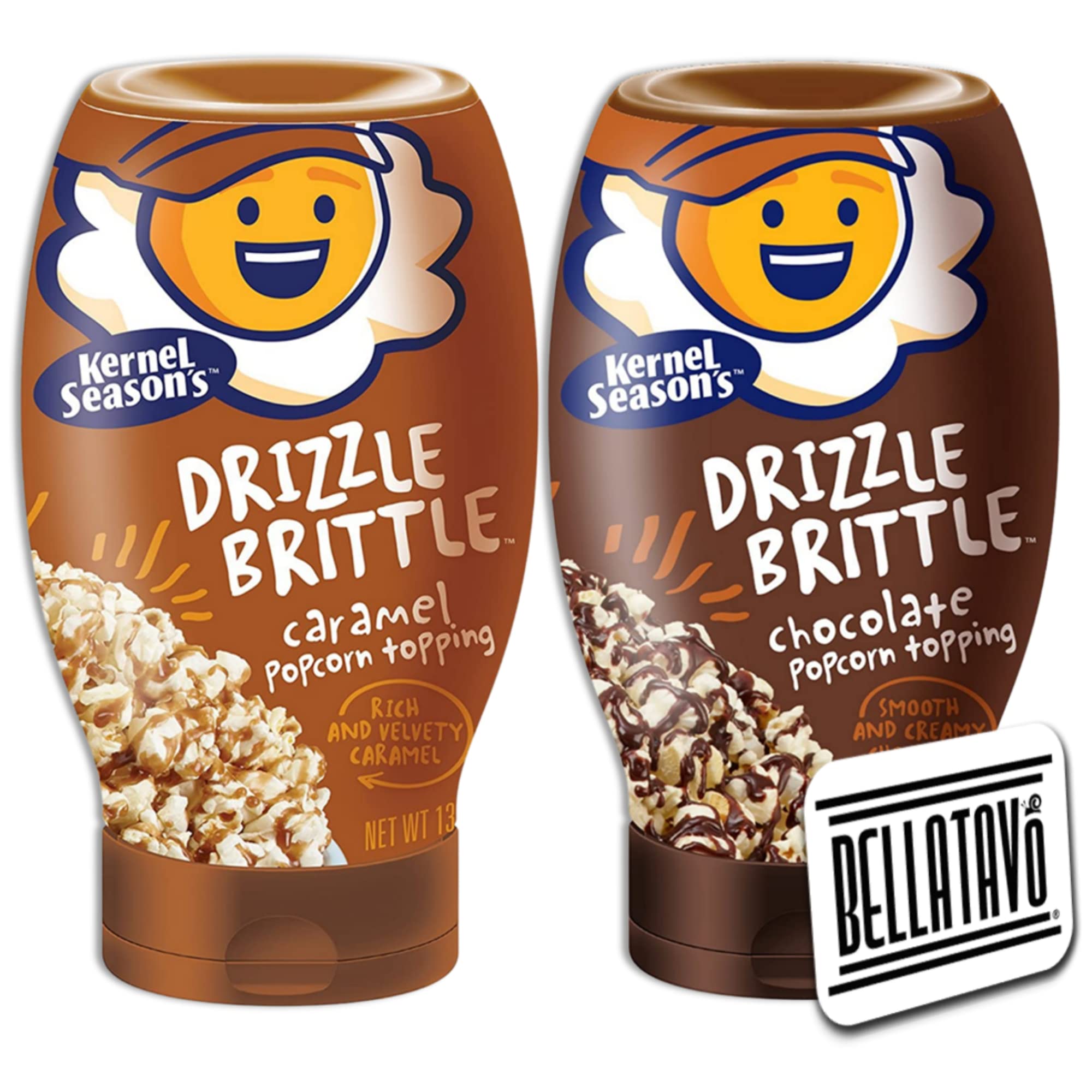 BELLATAVO Popcorn Drizzle Sauce Bundle. Includes Two-13.1 Oz Kernel Seasons Drizzle Brittle Popcorn Topping and a BELLATAVO Fridge Magnet.