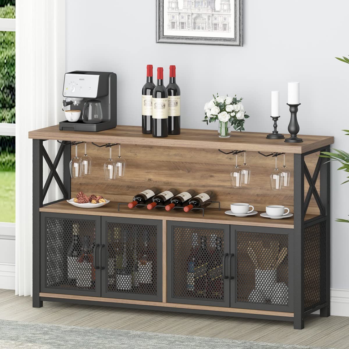 LVB Wine Bar cabinet, Industrial Sideboard Buffet cabinet, coffee Bar cabinet for Liquor and glasses, Farmhouse Metal Wood Liquo