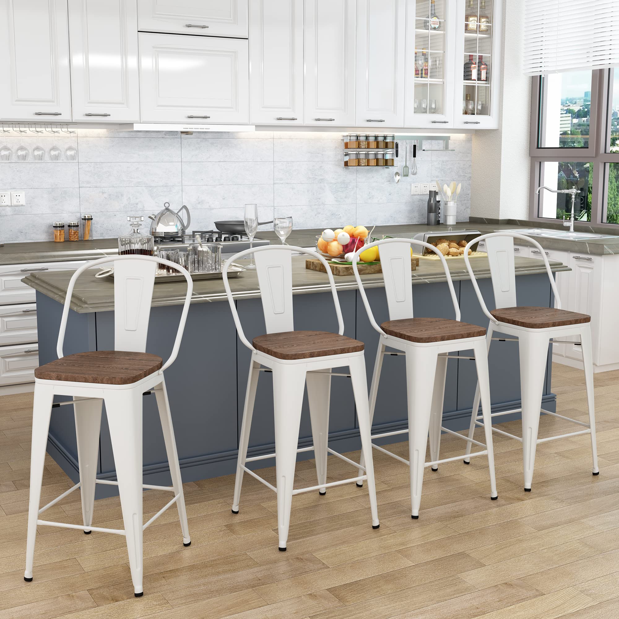 Yongqiang cream White Metal Bar Stools Set of 4 Farmhouse Kitchen counter Height chairs 26 High Back Barstools with Wooden Seat