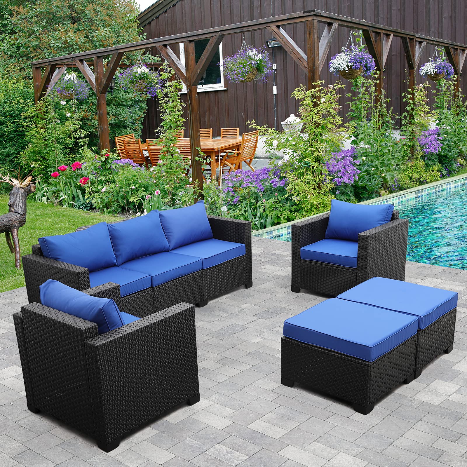 Rattaner Outdoor Wicker Furniture couch Set 5 Pieces, Patio Furniture Sectional Sofa with Royal Blue cushions and Furniture covers, Black
