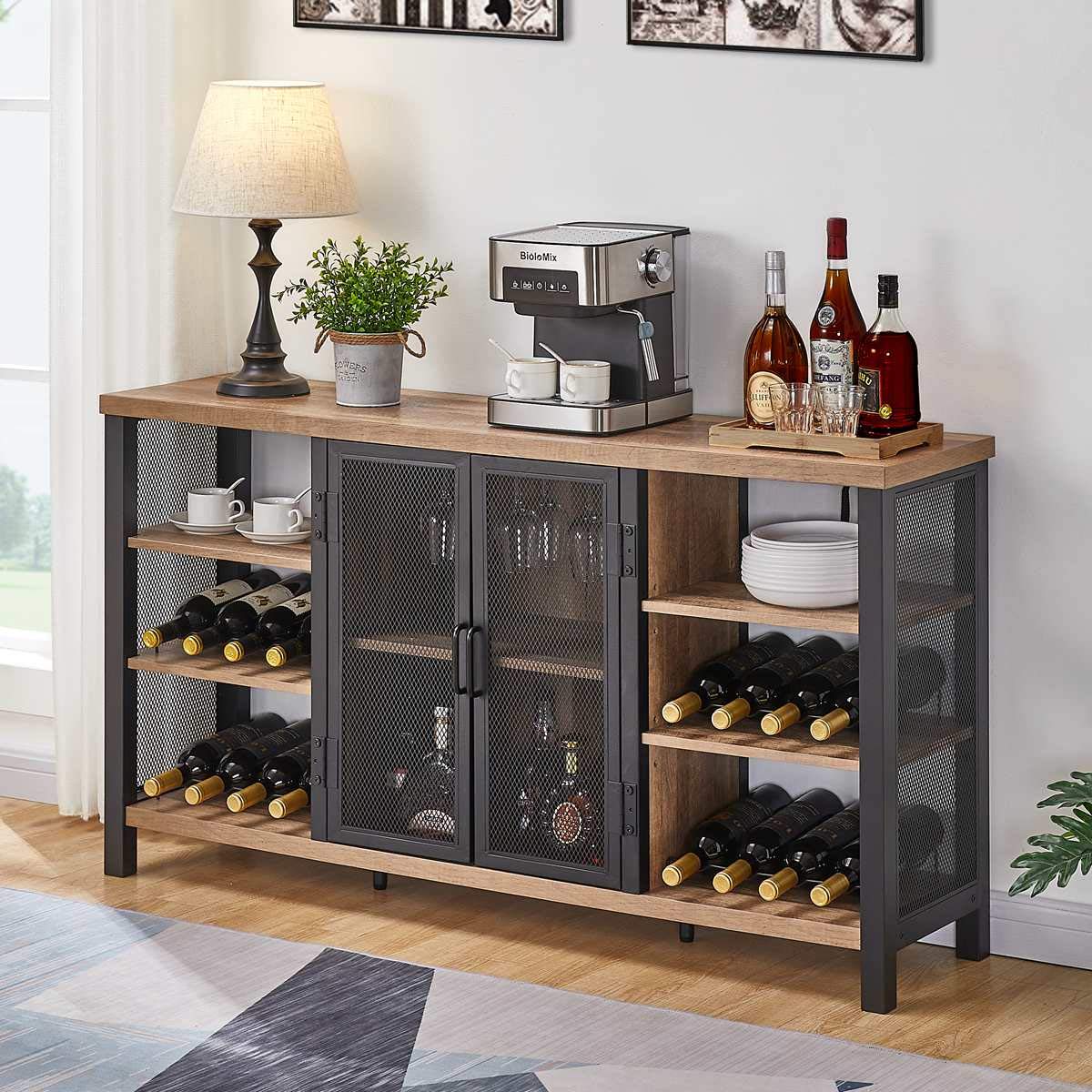 FATORRI Industrial Wine Bar cabinet for Liquor and glasses, Farmhouse Wood coffee Bar cabinet with Wine Rack, Metal Sideboard an