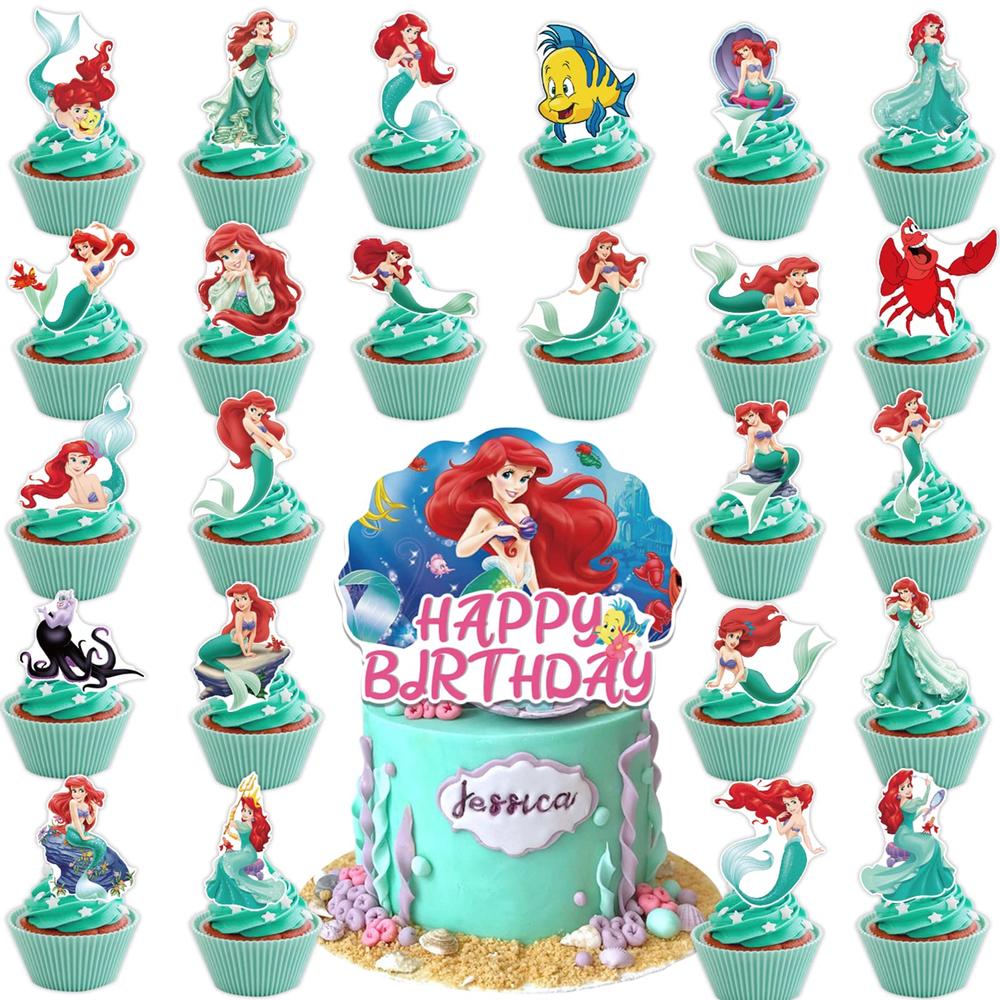 QICI 25Pcs Little Mermaid Ariel Party cake Decorations, cute Little Mermaid Ariel Birthday cupcake Toppers cartoon Mermaid Ariel Them