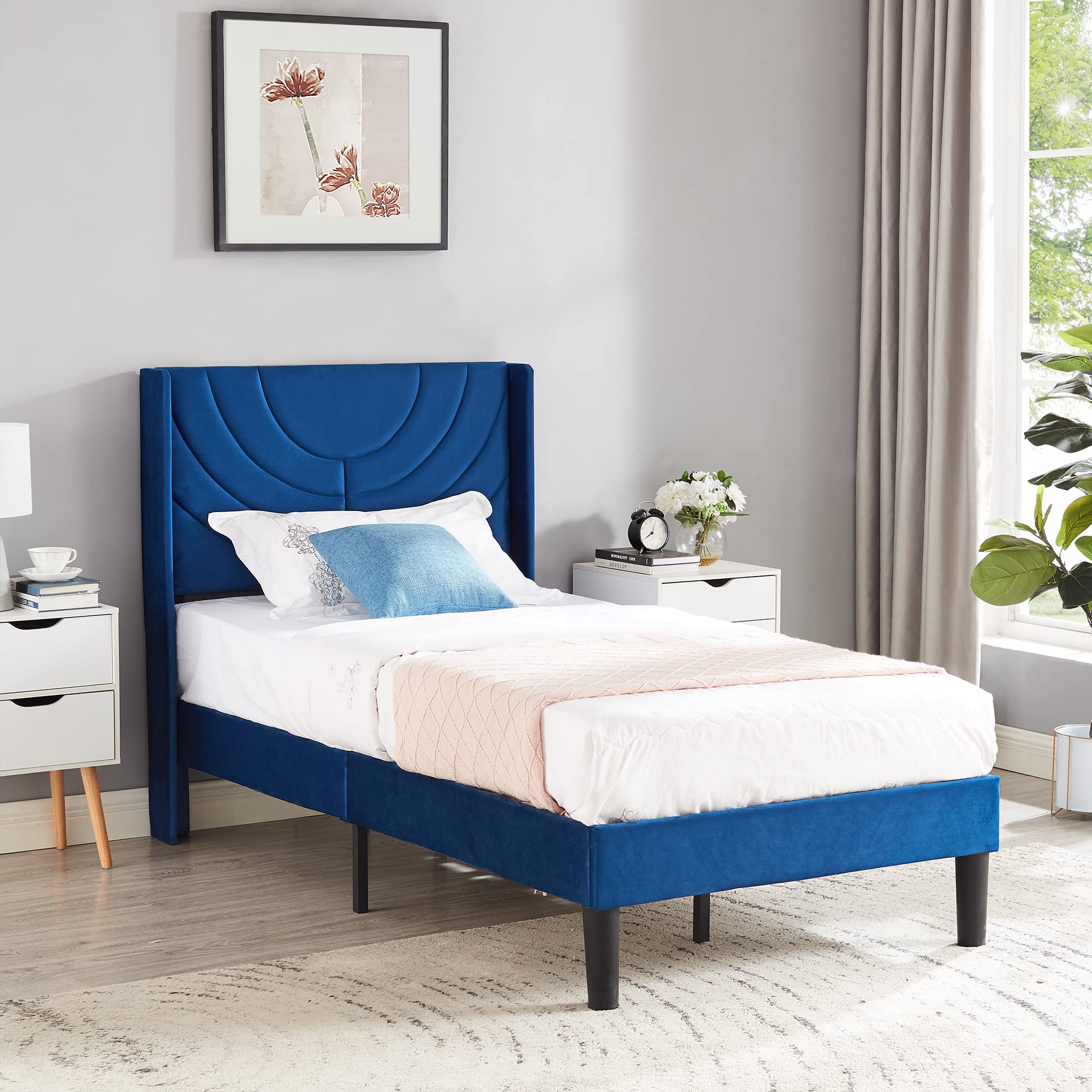 VEcELO Twin Size Upholstered Platform Bed Frame with Adjustable Fabric Headboard,Wooden Slats SupportNo Box Spring NeededMattres
