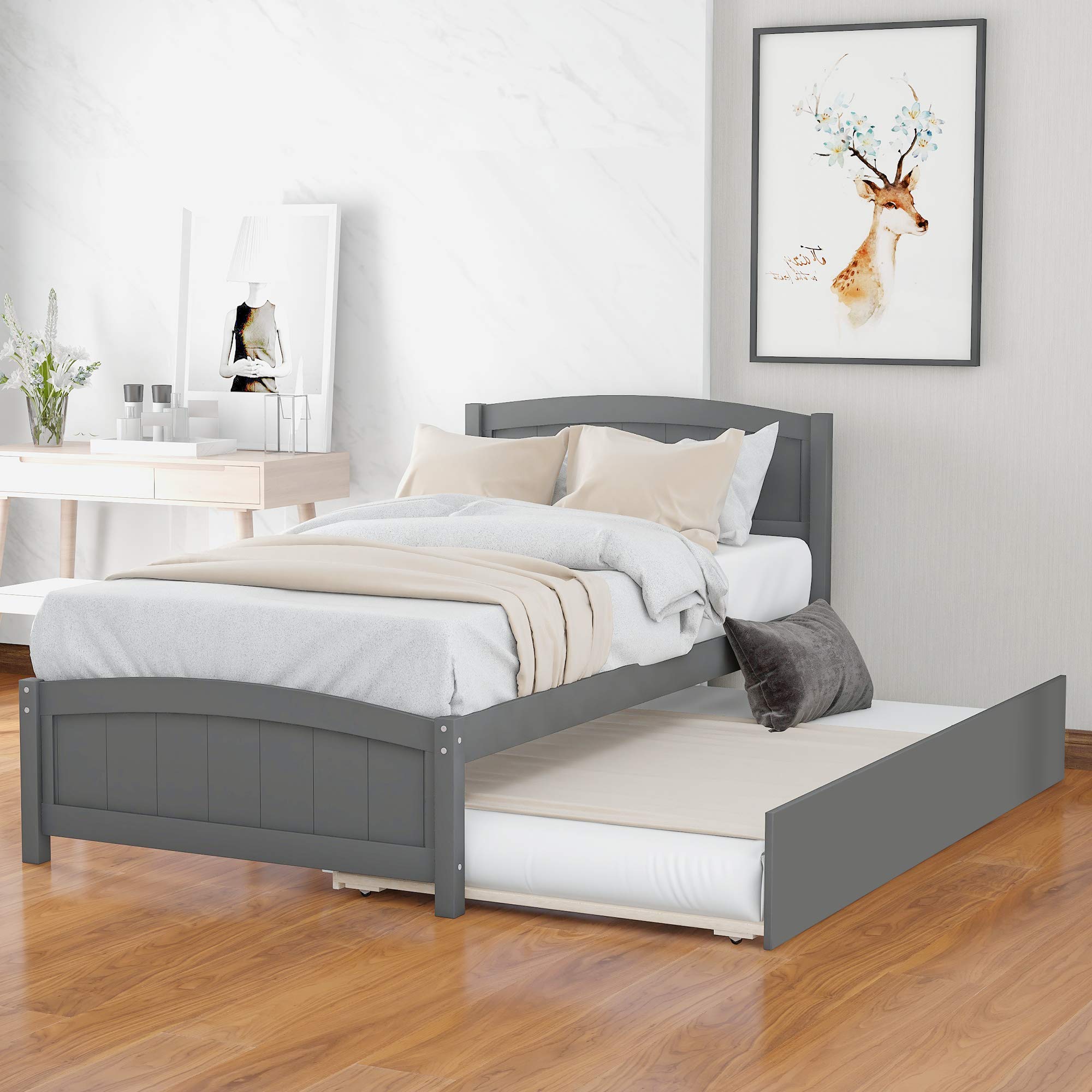 Tiokop Twin Size Platform Bed with Trundle,Twin Bed Frame with Headboard , Wood Twin Platform Bed with Pull Out Trundle for Bedr