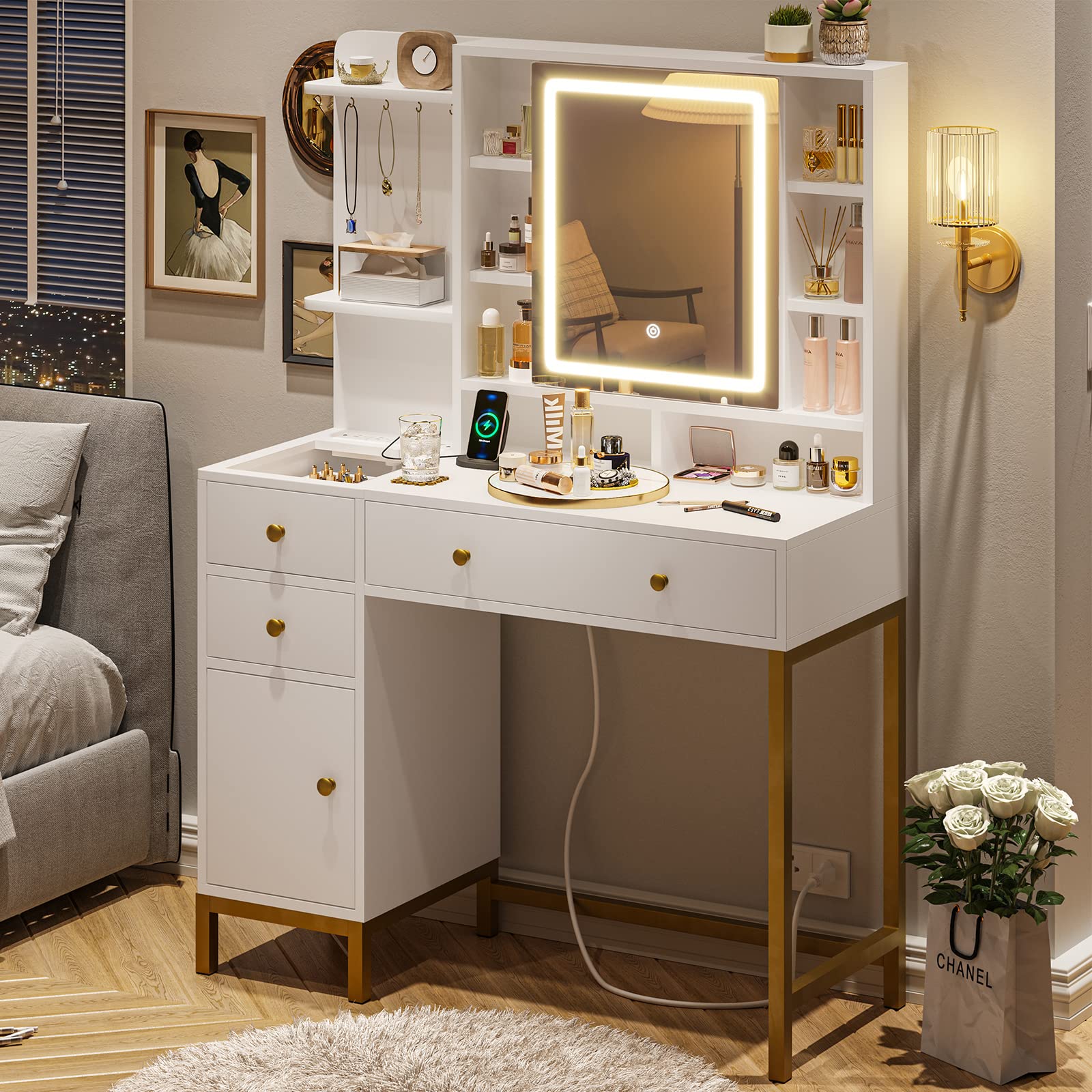 VIAgDO Makeup Vanity with Lights, Vanity Desk with Openable Mirror & 3-color Dimmable, White Vanity Table with charging Station,