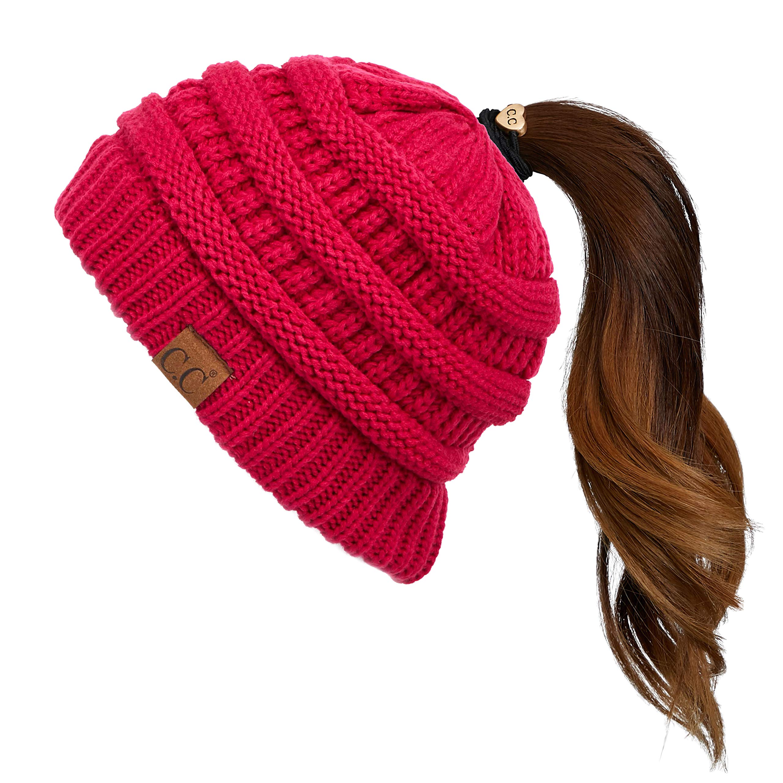 C.C Hatsandscarf cc Exclusives Solid color Beanie Tail Hat for Adult (MB-20A) (HotPink)