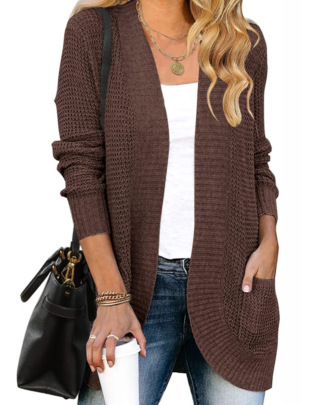 MEROKEETY Womens Long Sleeve Open Front cardigans chunky Knit Draped Sweaters  Outwear coffee XXL