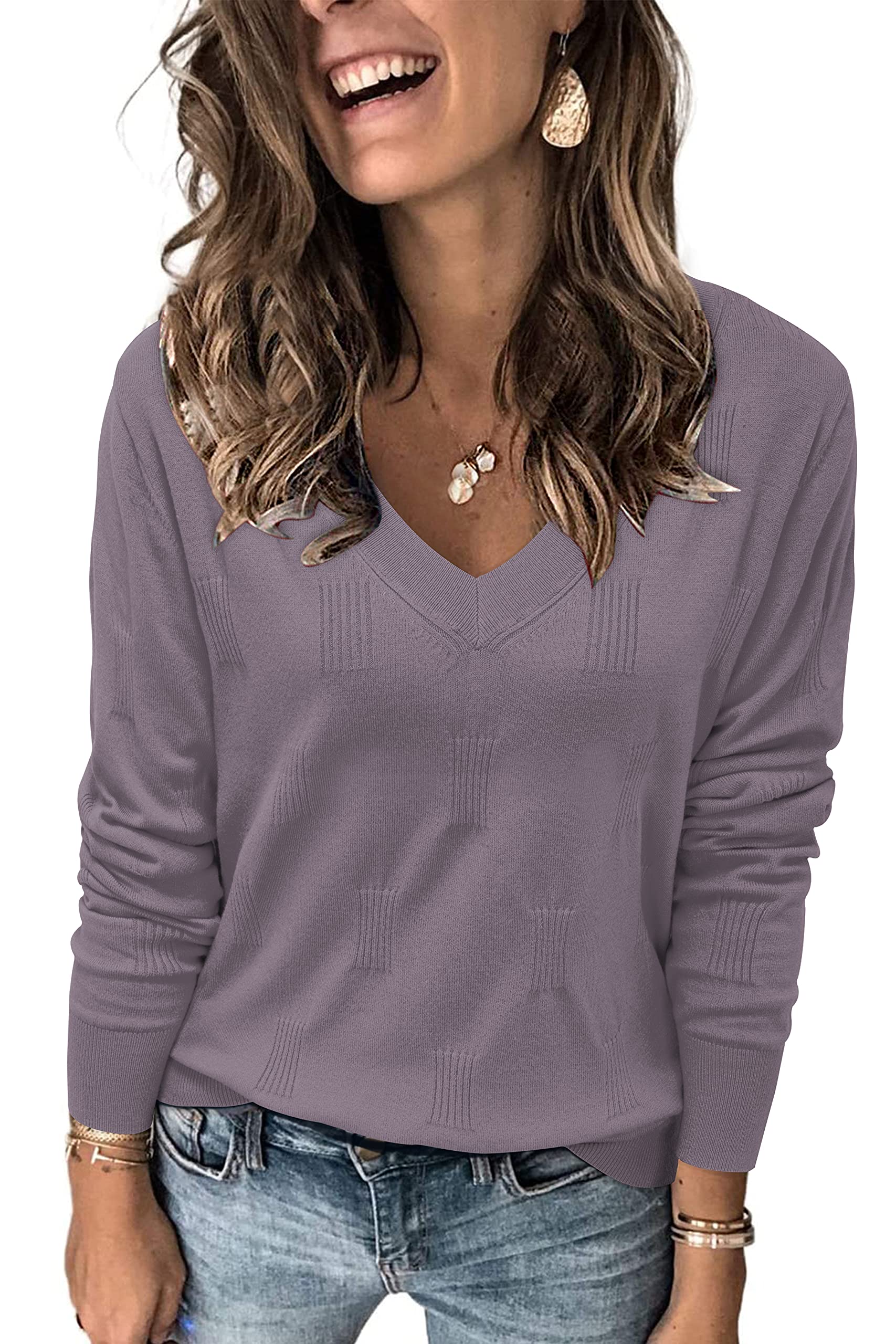 Arach&clozAWomens Spring Fall Fashion 2023 V NeckALong Sleeve PulloverAJumperAKnittedAcasual TopsASweater (grey Purple, Small)