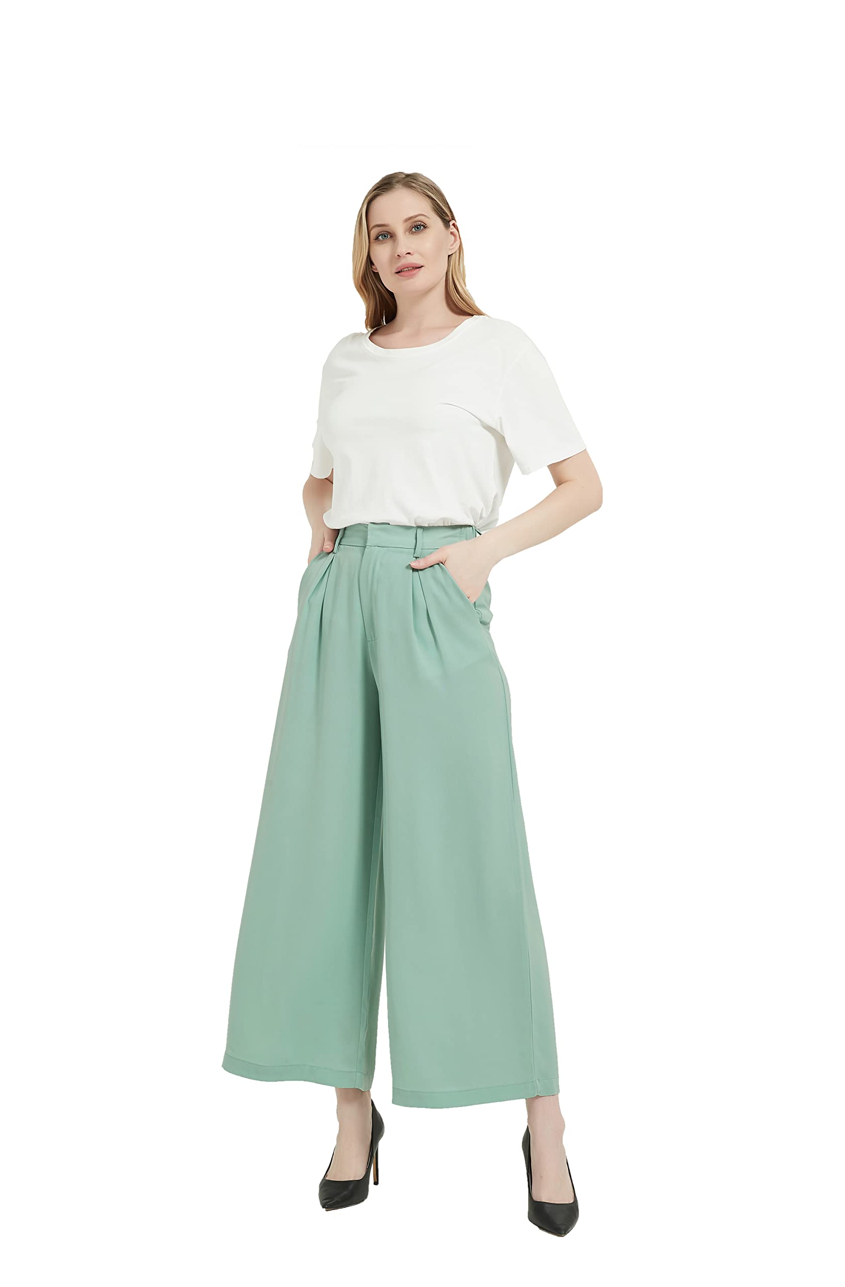 Tronjori Women High Waist casual Wide Leg Long Palazzo Pants Trousers Regular Size(XXL,Mint green)