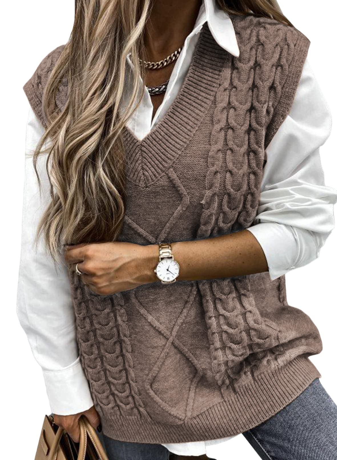 HOTAPEI Womens Oversized Sweater Vest Fall casual V Neck Sleeveless  Sweaters cable Knit Solid color Tops Loose Tunics Khaki Smal