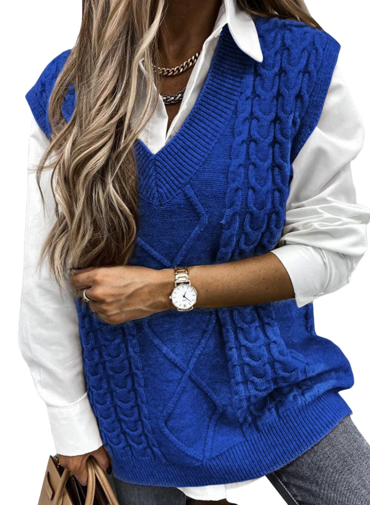 HOTAPEI Womens Oversized Sweater Vest Fall casual V Neck Sleeveless  Sweaters cable Knit Solid color Tops Loose Tunics Blue Mediu