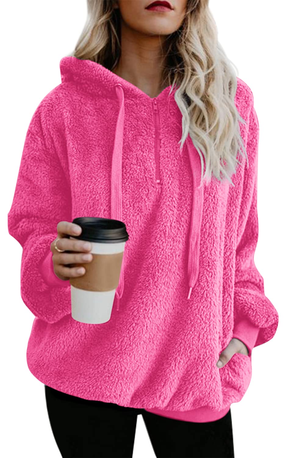 ReachMe Womens Oversized Sherpa Pullover Hoodie with Pockets Fuzzy Fleece  Sweatshirt Fluffy Jacket coat(A Solid Hot Pink,XL)