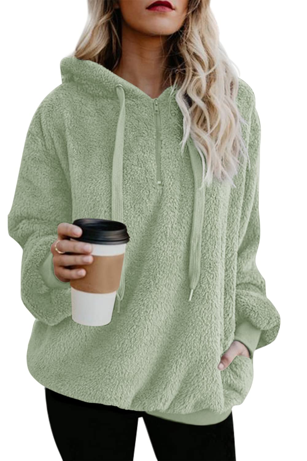 ReachMe Womens Oversized Sherpa Pullover Hoodie with Pockets Fuzzy Fleece  Sweatshirt Fluffy Jacket coat(A Solid Light Sage,S)