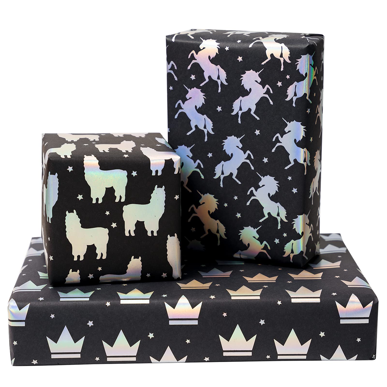 RUSPEPA Wrapping Paper, colorful Hot Silver Black Kraft Paper - Unicorn,  Alpaca and crown Design - 17.5 x 30 Inches Each Sheet
