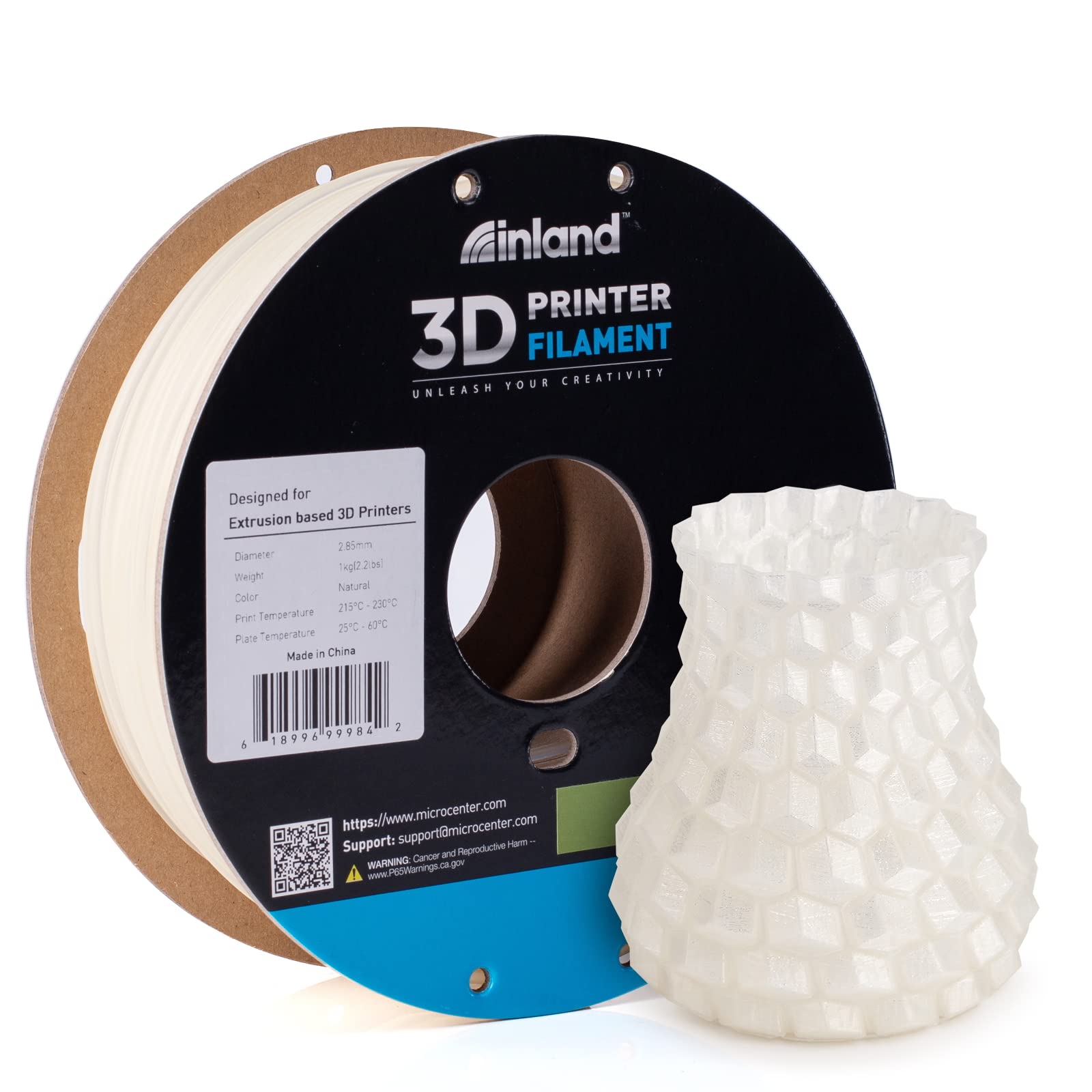 Inland PLA 3D Printer Filament 2.85mm - Dimensional Accuracy +- 0.03mm - 1kg cardboard Spool (2.2 lbs) - Fits Most FDMFFF Printe