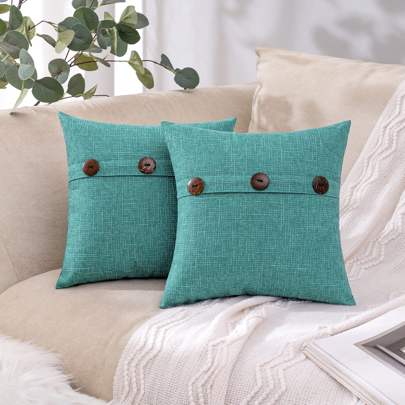 MIULEE Set of 2 Decorative Linen Throw Pillow Covers Cushion Case Triple Button Vintage Farmhouse Pillowcase for Couch Sofa Bed 