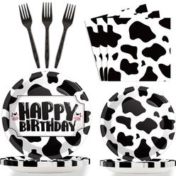 Wiooffen 96 Pcs Farm Animal cow Print Birthday Party Supplies Farm cow Themed Party Decoration cow Party Tableware Set Kids Part