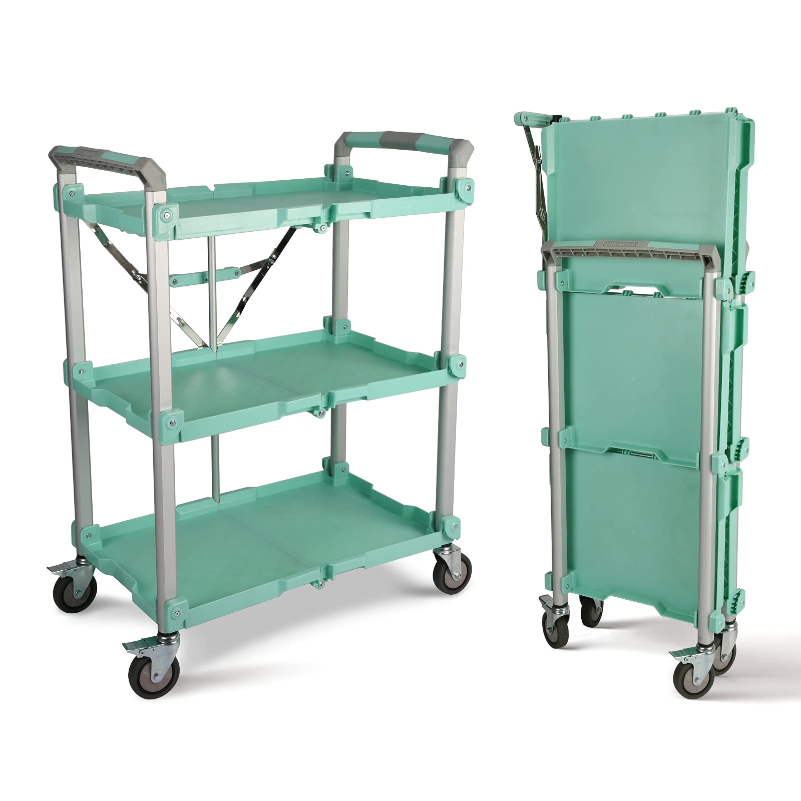 Olympia Tools 89-353 Pack N Roll collapsible Service cart, XL, 300LB capacity, 3-Tiered, green,Teal