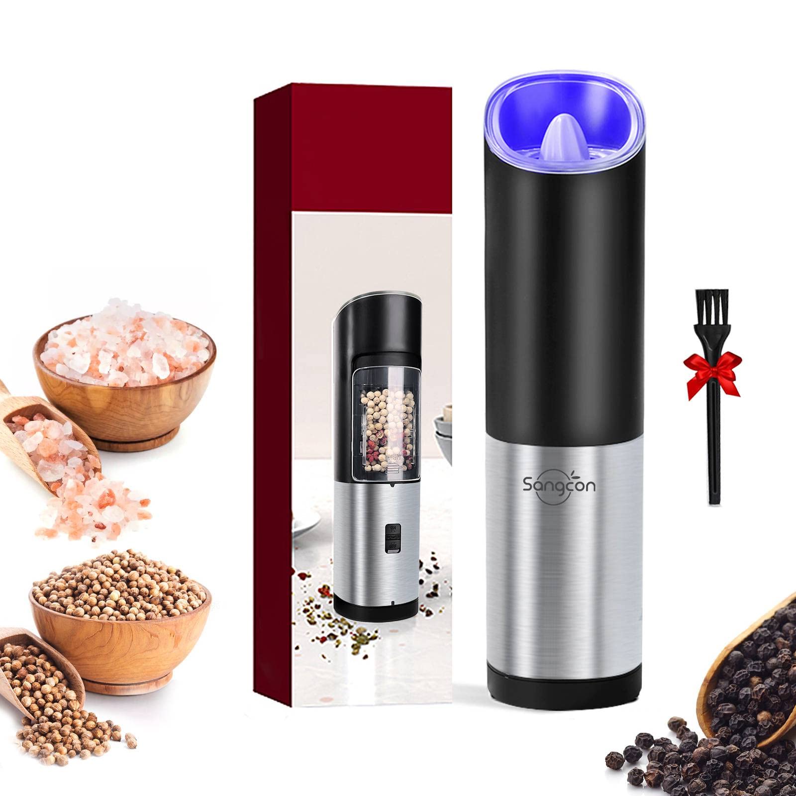 Sangcon Electric Salt and Pepper grinder Mill with Safety & gravity Switch,  Battery Powered with LED Light, Adjustable coarsenes