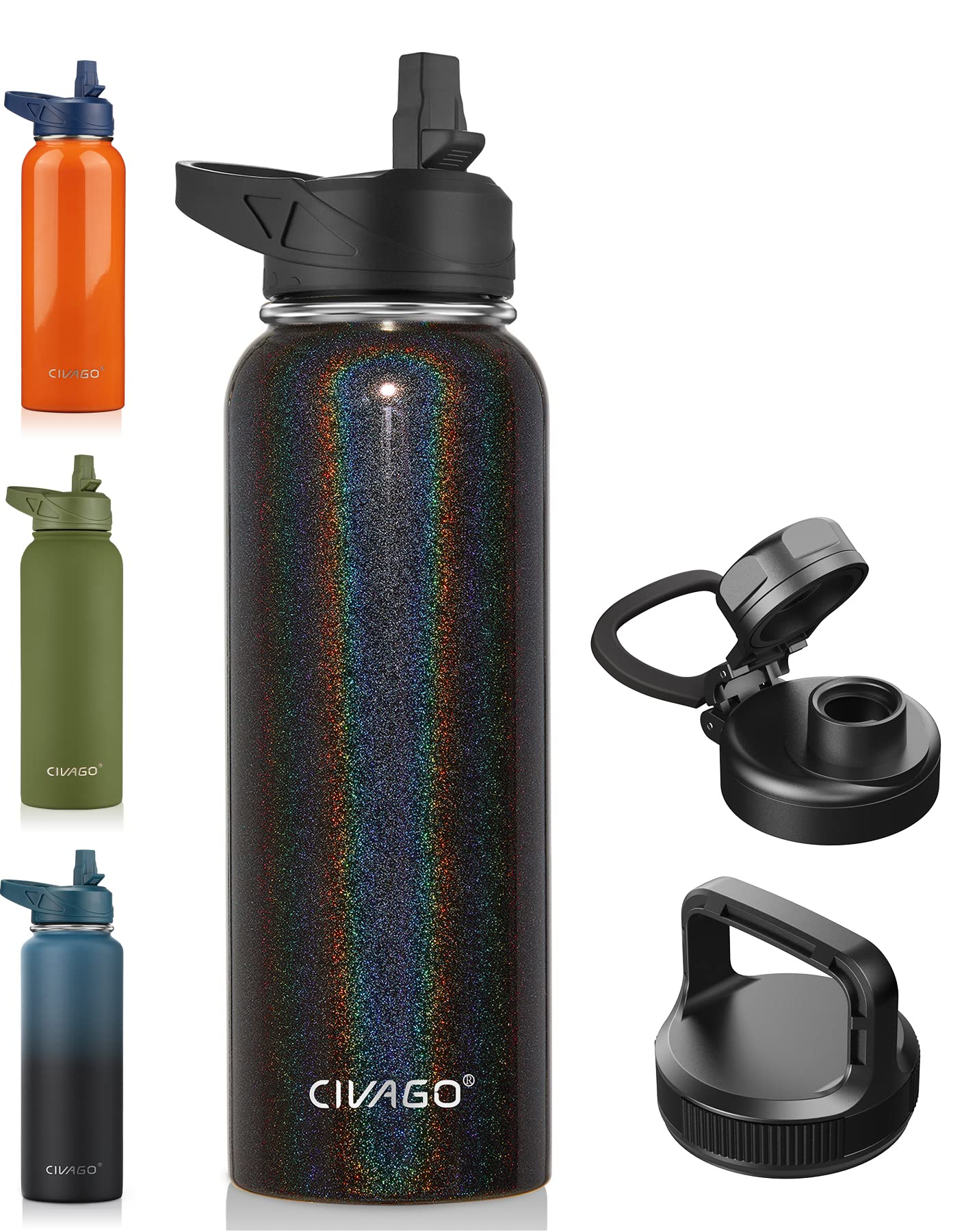 CIVAGO cIVAgO 40 oz Insulated Water Bottle With Straw, Stainless Steel  Sports Water cup Flask with 3 Lids (Straw, Spout and Handle Lid)