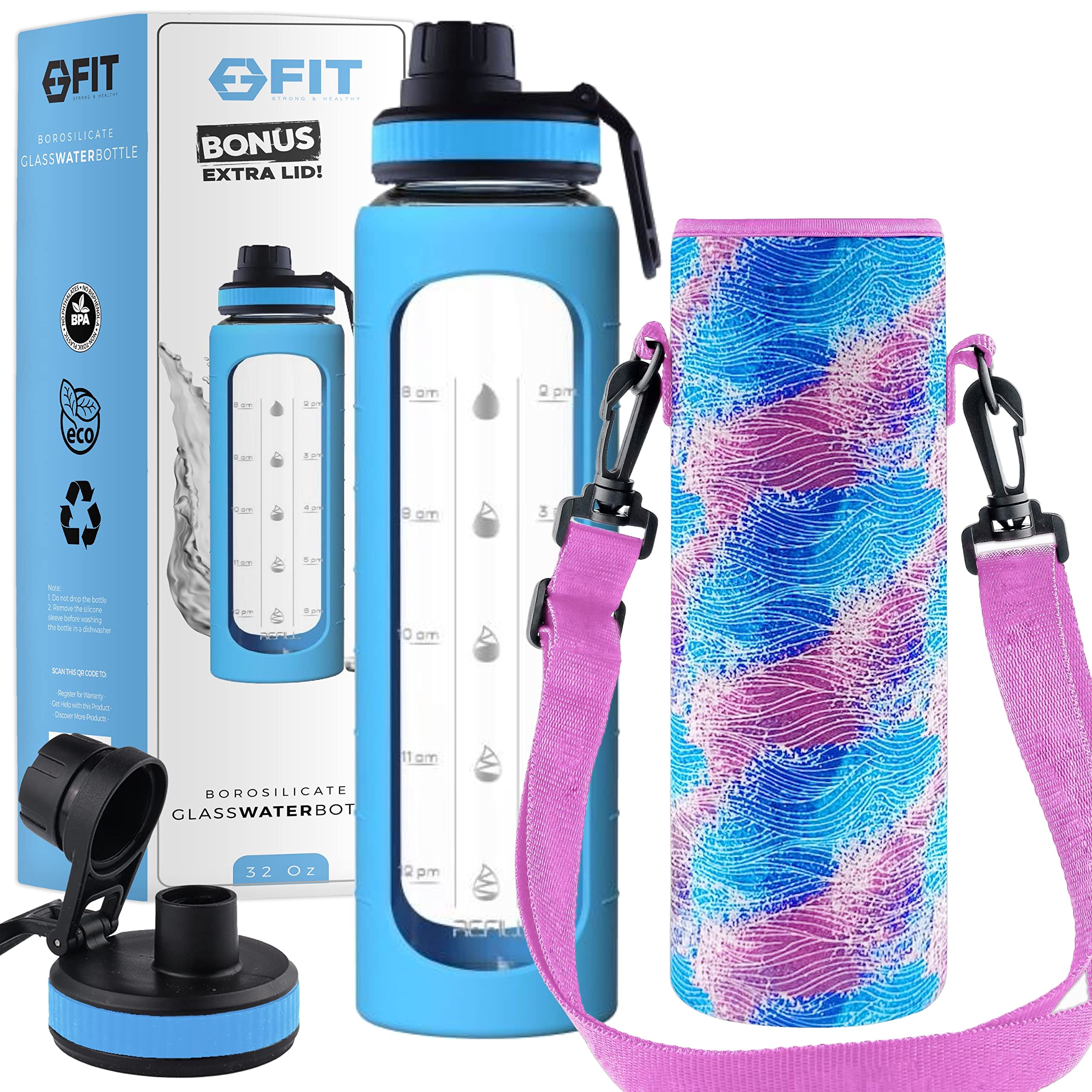 FIT Strong & Healthy 32 oz glass Water Bottle with Time Marker and