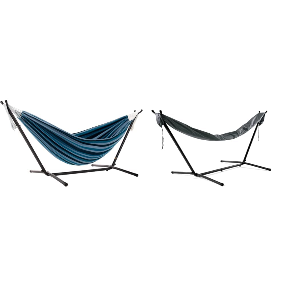 Vivere Double cotton Hammock with Space Saving Steel Stand, Blue Lagoon (450 lb capacity - Premium carry Bag Included) & Hammock