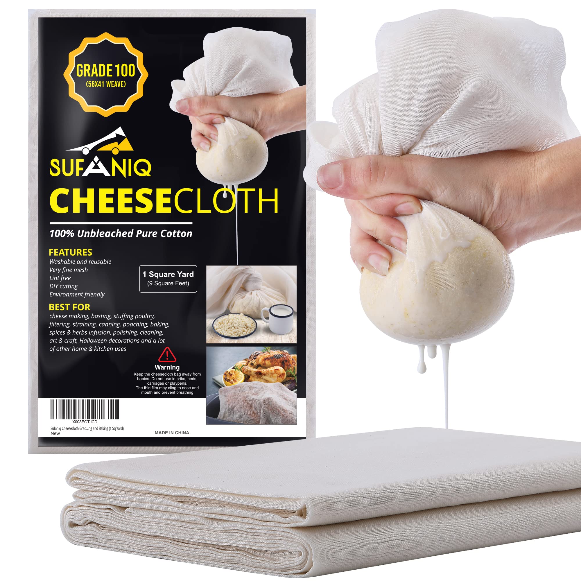 Sufaniq cheesecloth, grade 100 (9 Sq Feet), 100% Pure cotton Reusable cheese cloths for Straining, Unbleached Ultra Fine cheese 