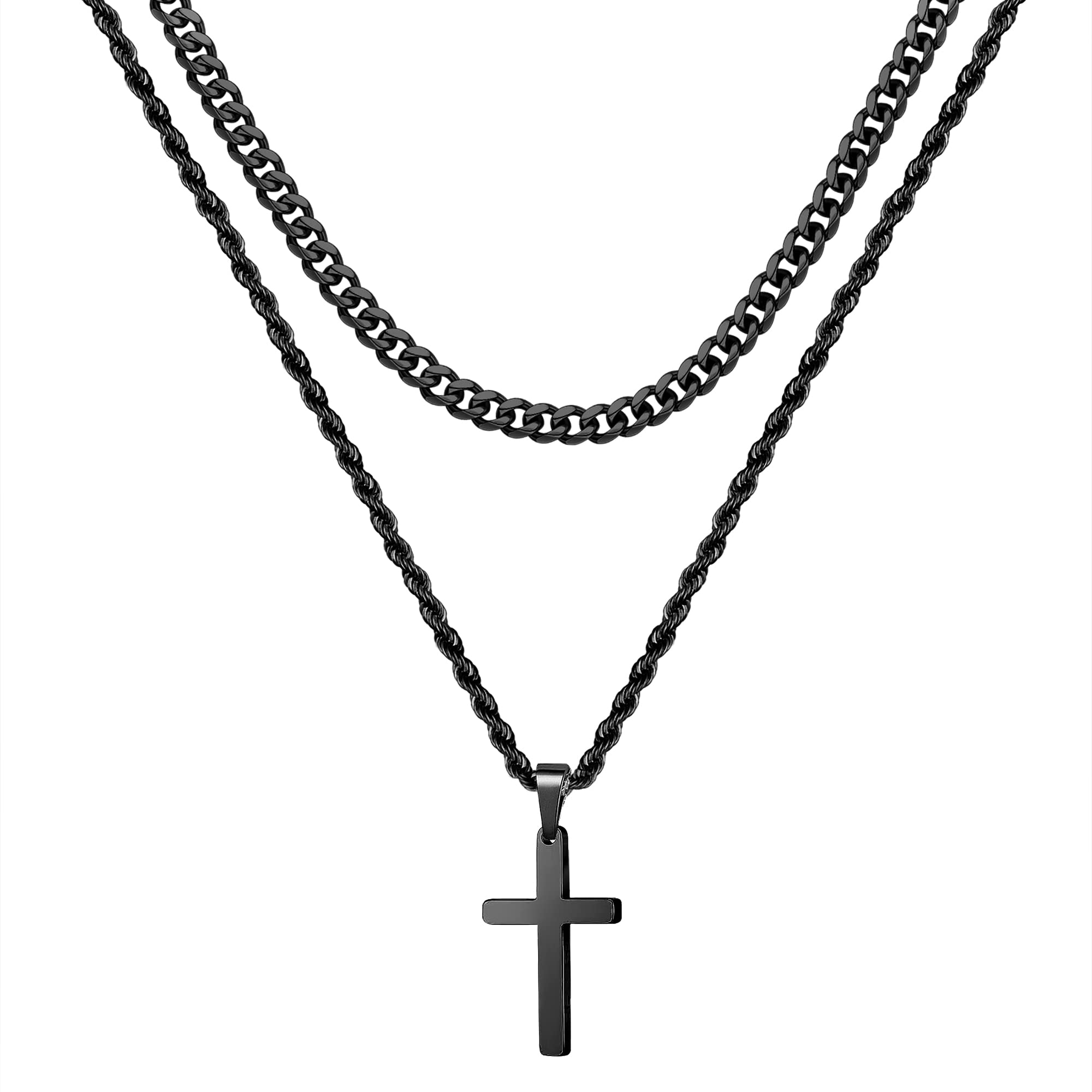 Yooblue Cross Necklace For Men Boys, Mens Cross Necklace Stainless Steel Black Layered Necklace Jewelry Gifts Dainty Cross Chain