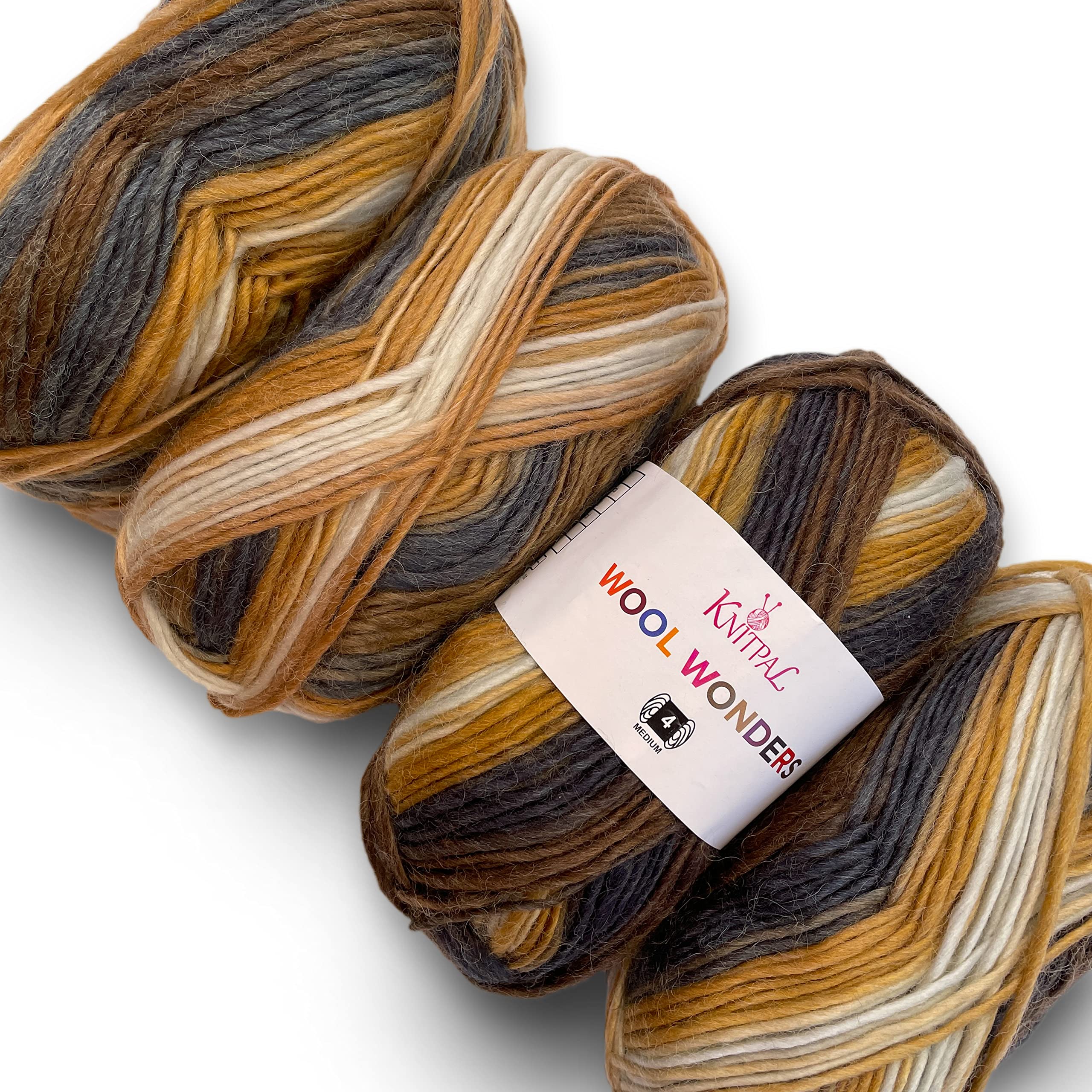 KnitPal Wool Wonders Variegated Self-Striping Worsted Weight Yarn #4, Woolen Yarn for Scarves, Blanket and Garments, 4-Skeins Bulk size