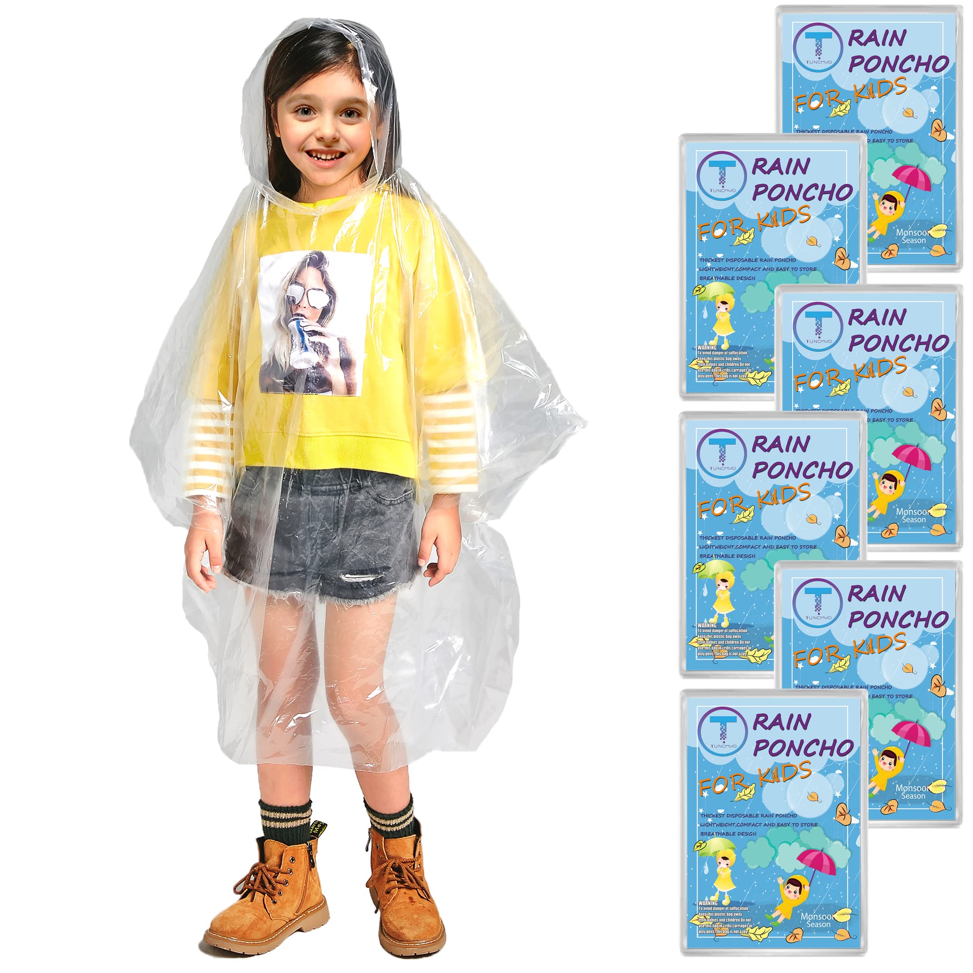 Tunchmo Disposable Rain Ponchos For Kids (6 Pack) 50% Thicker Emergency Ponchos-Clear