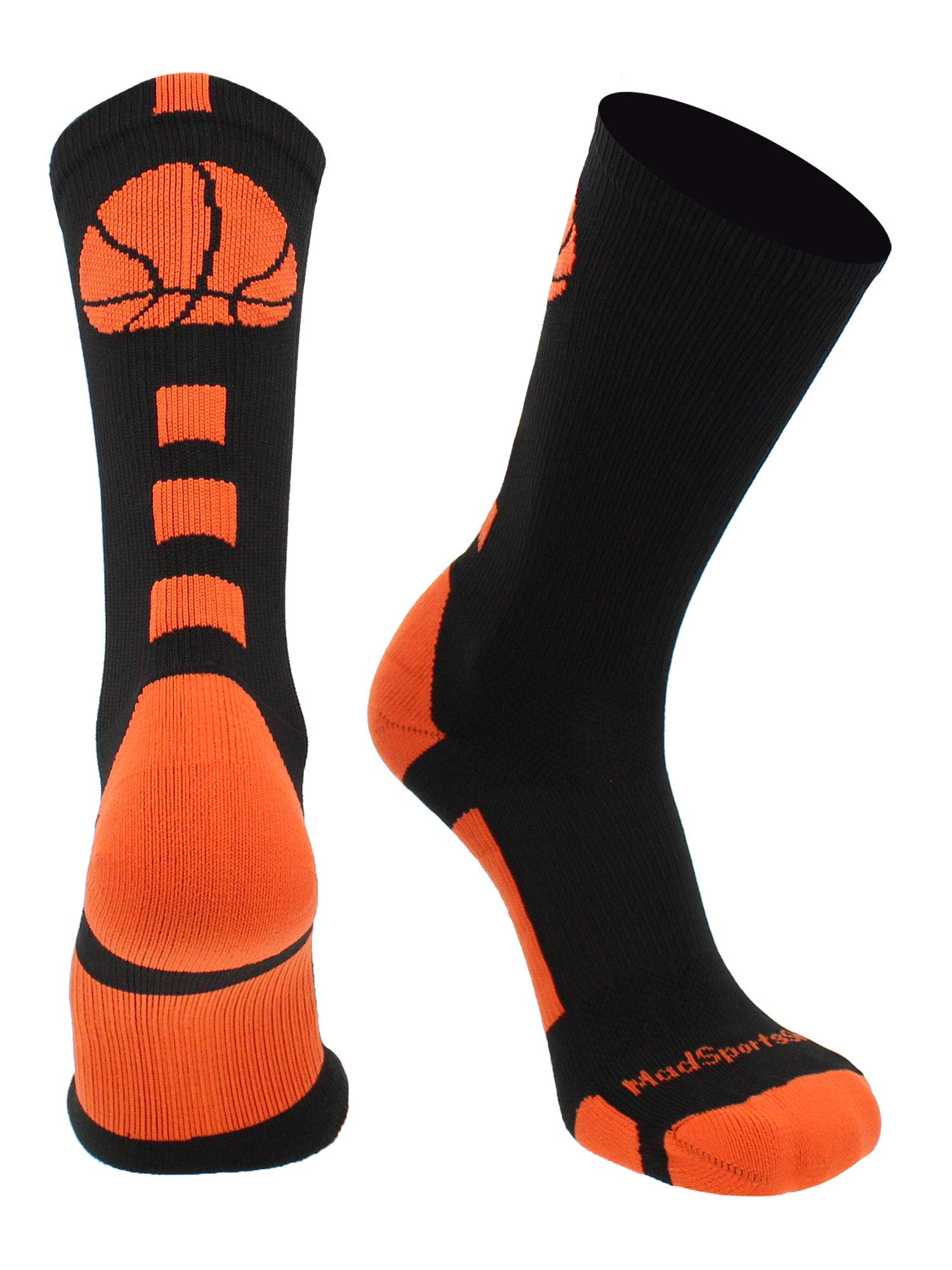 MadSportsStuff Basketball Socks with Basketball Logo crew Socks (BlackOrange, X-Large)