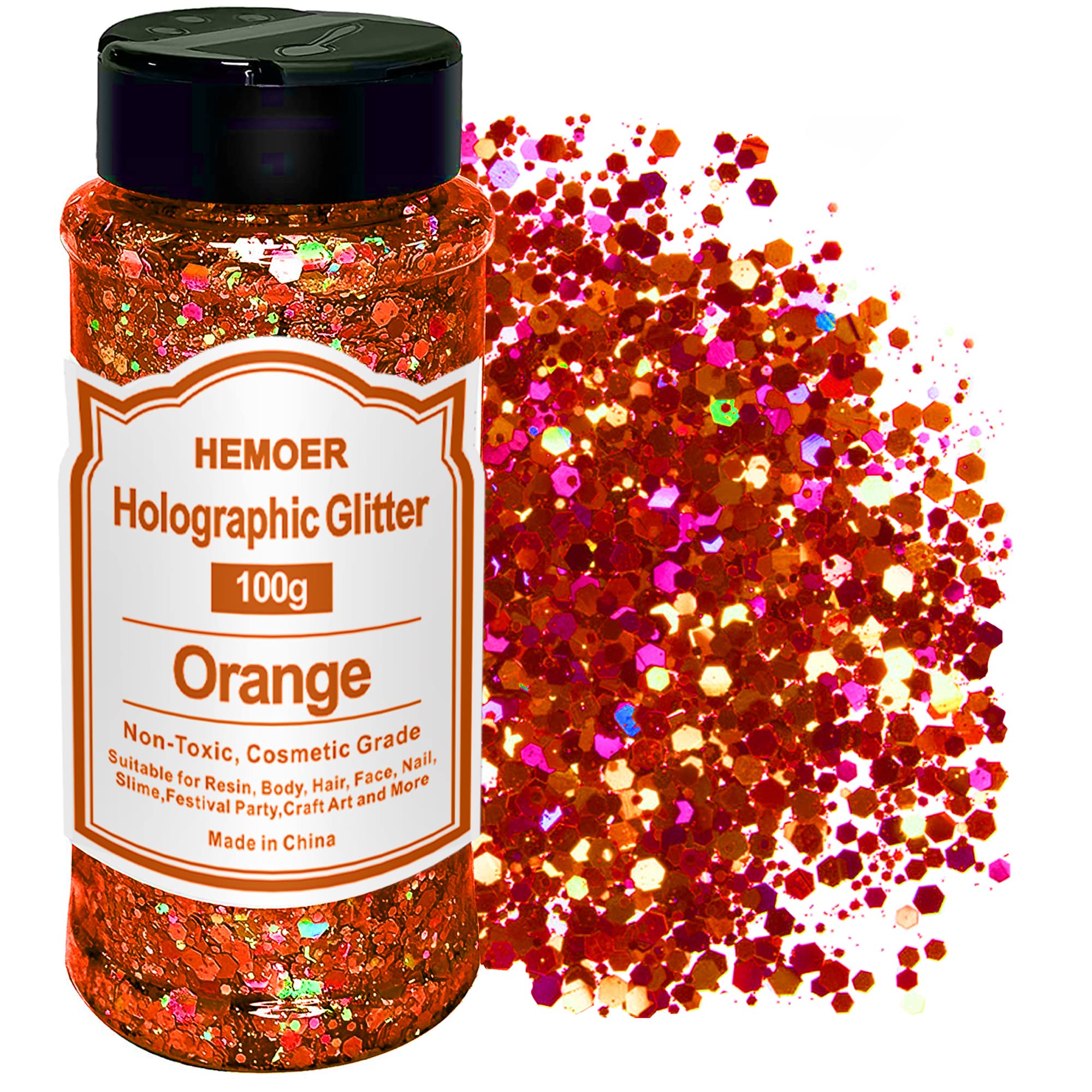 Hemoer Orange Holographic Glitter 100G35Oz, Cosmetic Mixed Hexagon Chunky Fine Craft Glitter Resin Sequins For Epoxy Glass, Resi