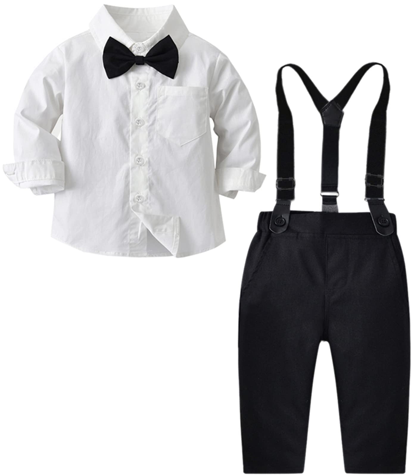 Sangtree Baby Boys Clothes, Long Sleeves Dress Shirt With Bow Tie And Black Suspender Pants Set Gentleman Tuxedo Outfit White Bl