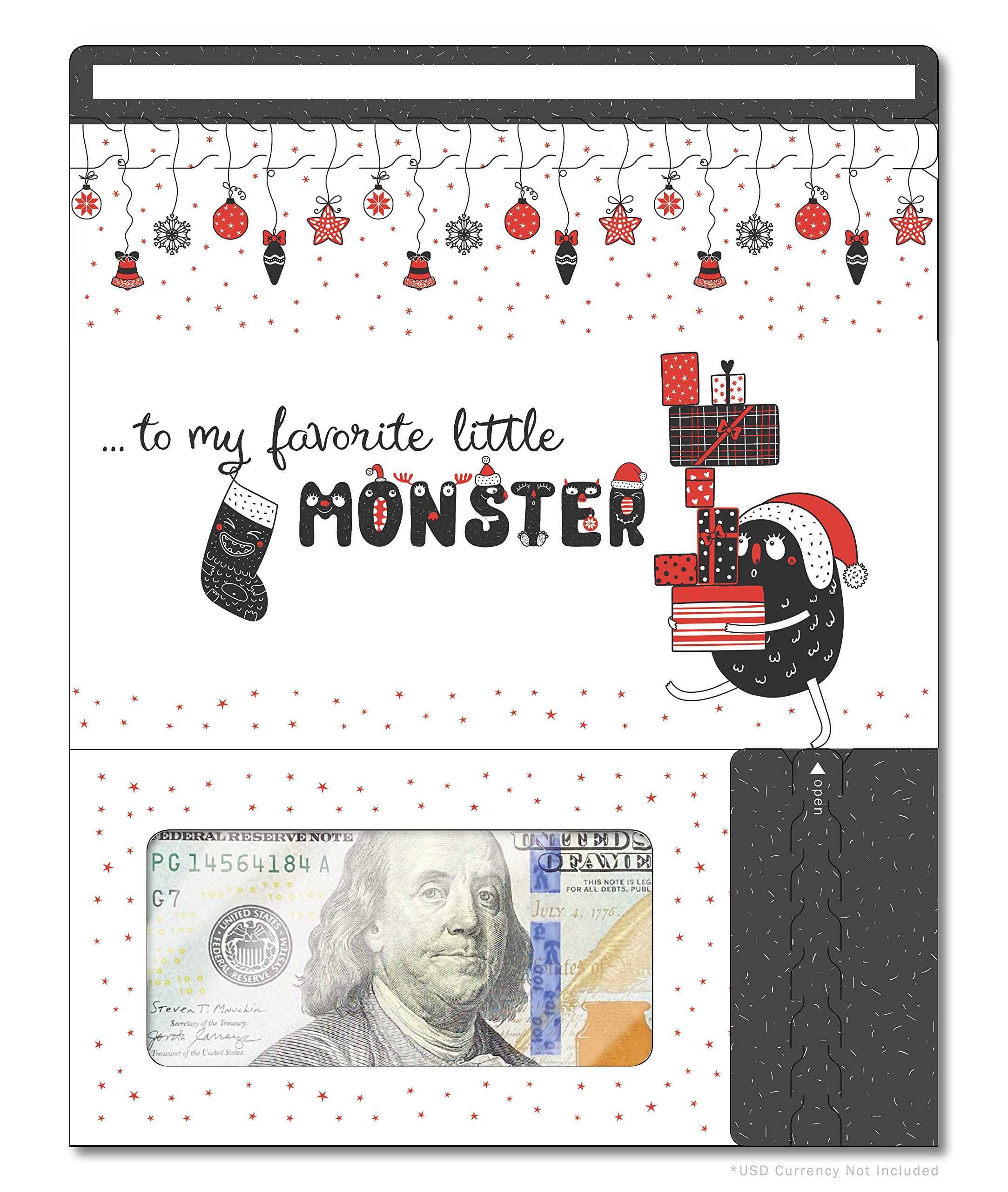 Zipgifts Holiday Card Zip-Open Money Holder Wclear Plastic Window For Cash, Check, Gift Card (Favorite Little Monster)