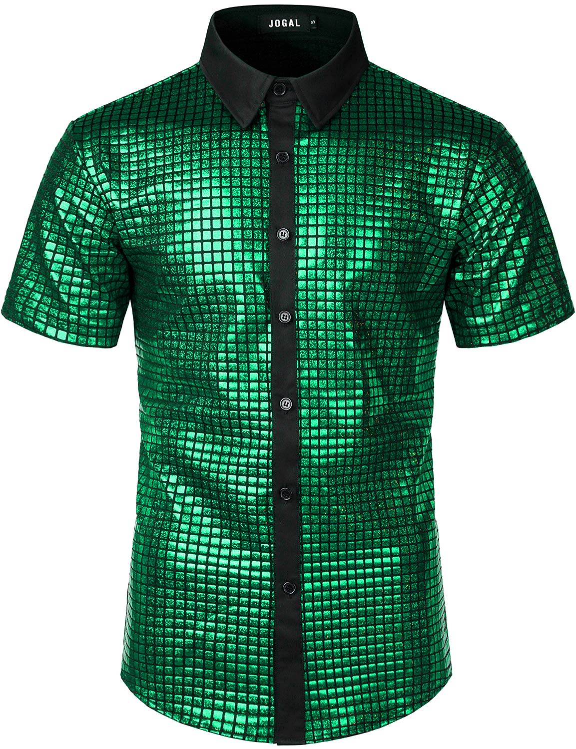 JOgAL Mens Sequins Short Sleeve Button Down Shirts 70s Disco Party costume Large A353 Forestgreen