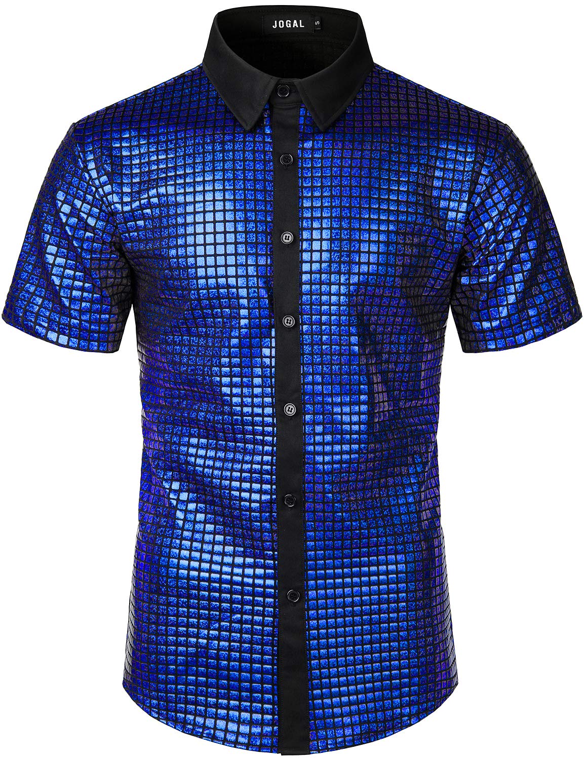 JOgAL Mens Sequins Short Sleeve Button Down Shirts 70s Disco Party costume XX-Large A353 RoyalBlue
