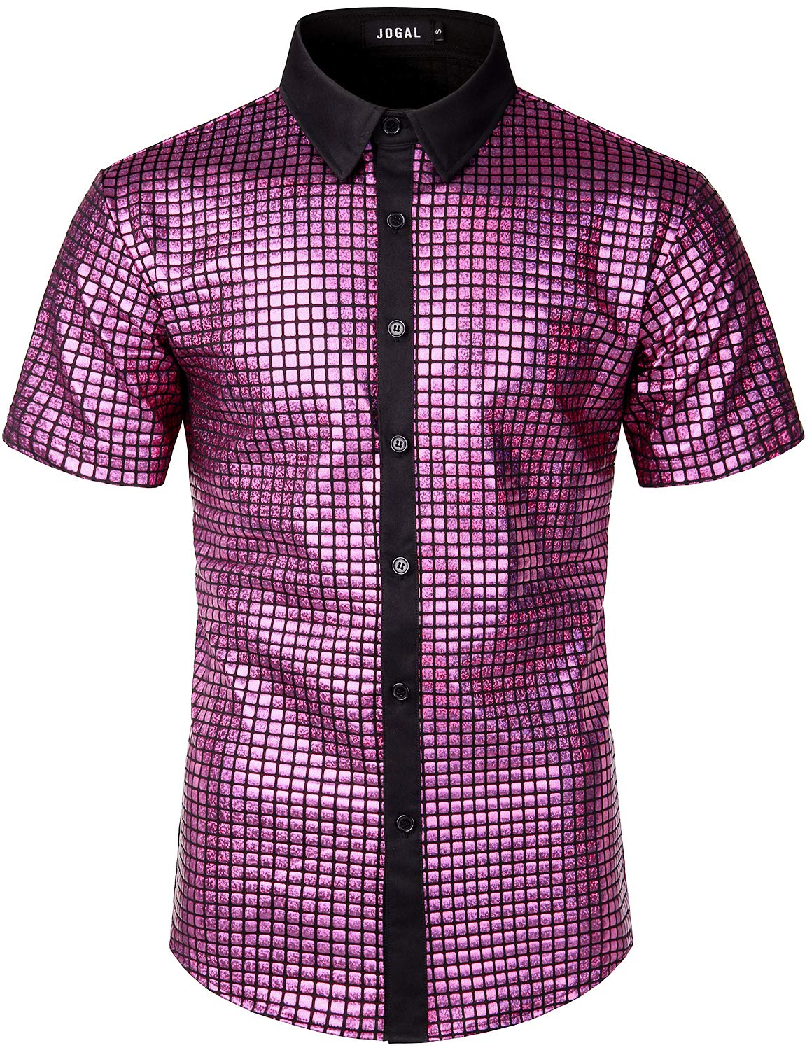 JOgAL Mens Sequins Short Sleeve Button Down Shirts 70s Disco Party costume Small A353 Pink