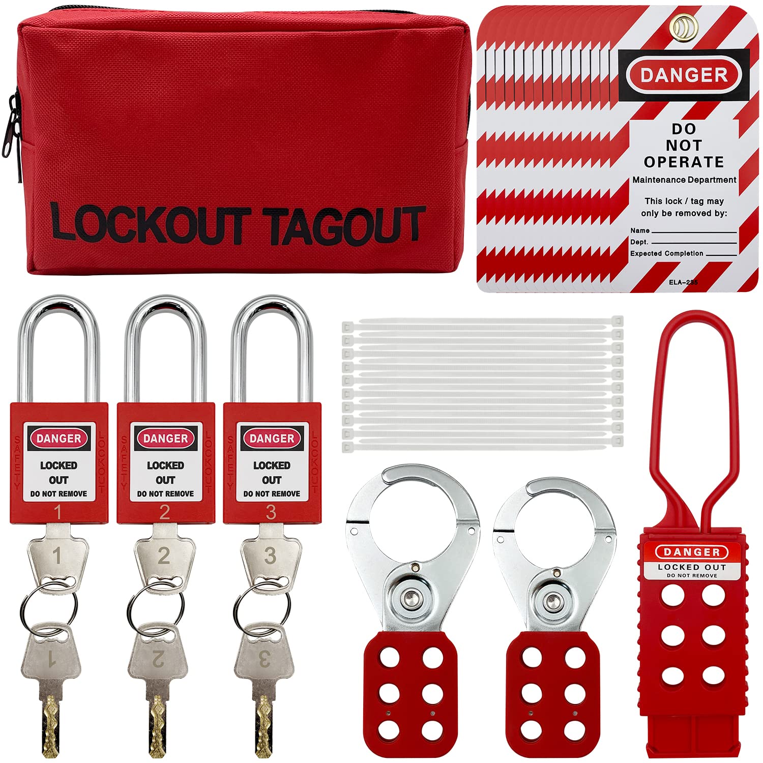 SAFBY Lockout Tagout Kit Electrical Loto - Group Lockout Hasps, Lockout Tags, Safety Padlocks With Number, Nylon Ties With Pocket Bag(