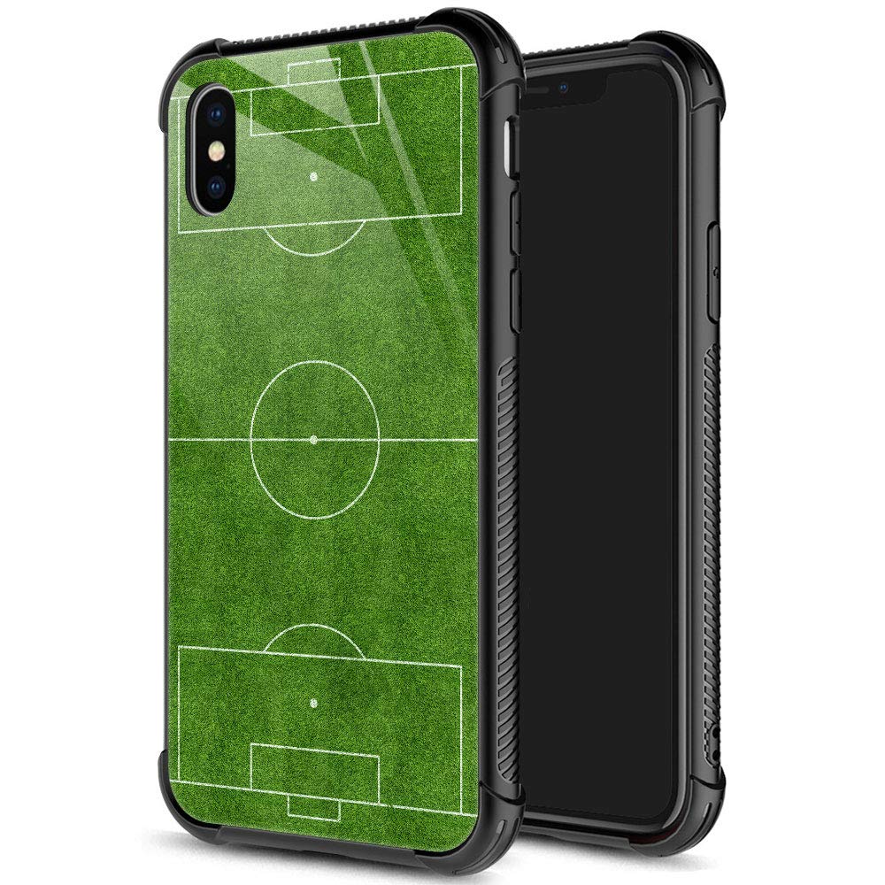 ZHEGAILIAN iPhone Xs Max case,9H Tempered glass iPhone Xs Max cases for Boys Men,Funny green Football Field Pattern Shockproof Anti-Scratch