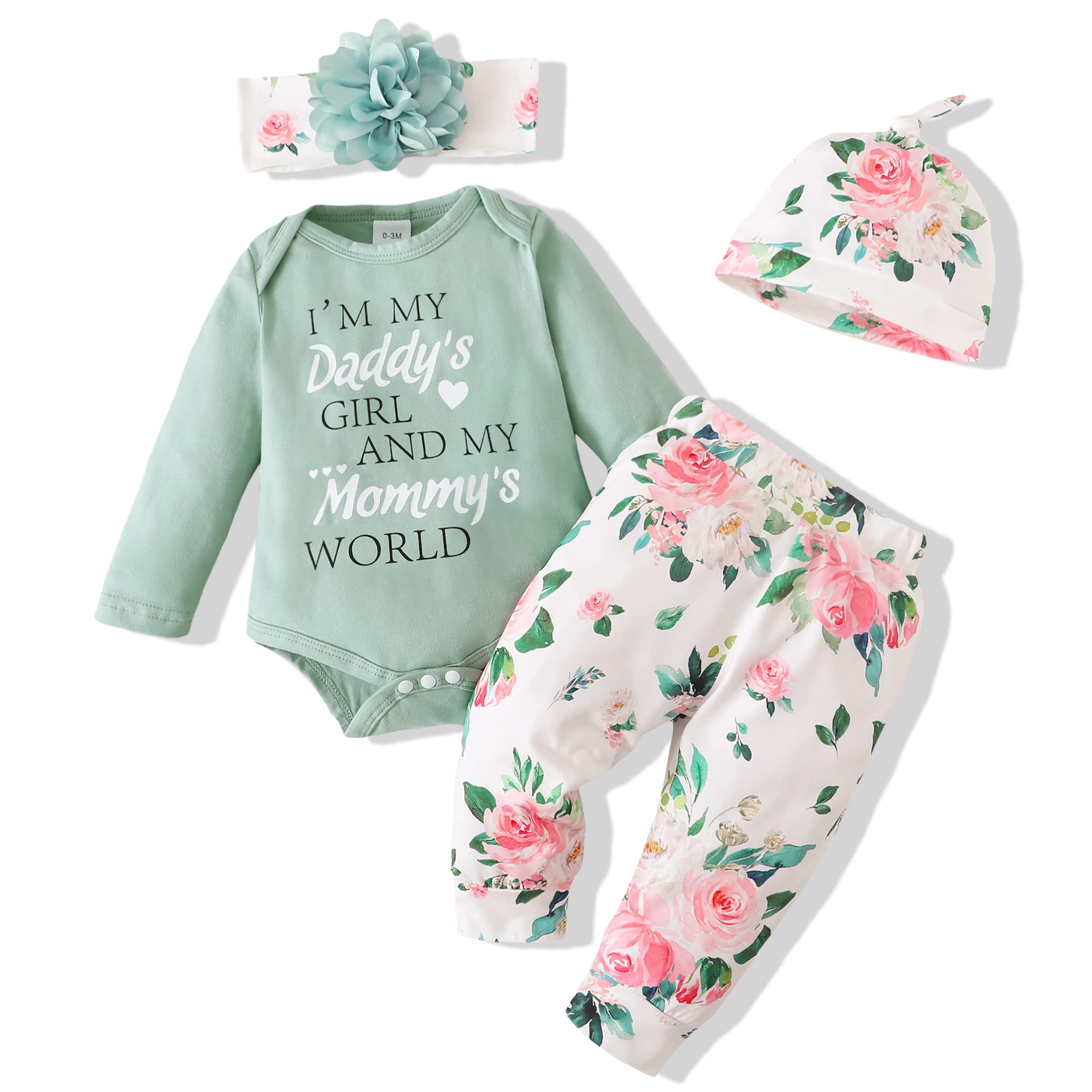 Renotemy Newborn girl clothes Outfits gifts Long Sleeve Tops Floral Pants Sets Spring Fall Winter Baby girl clothes 3-6 Months L