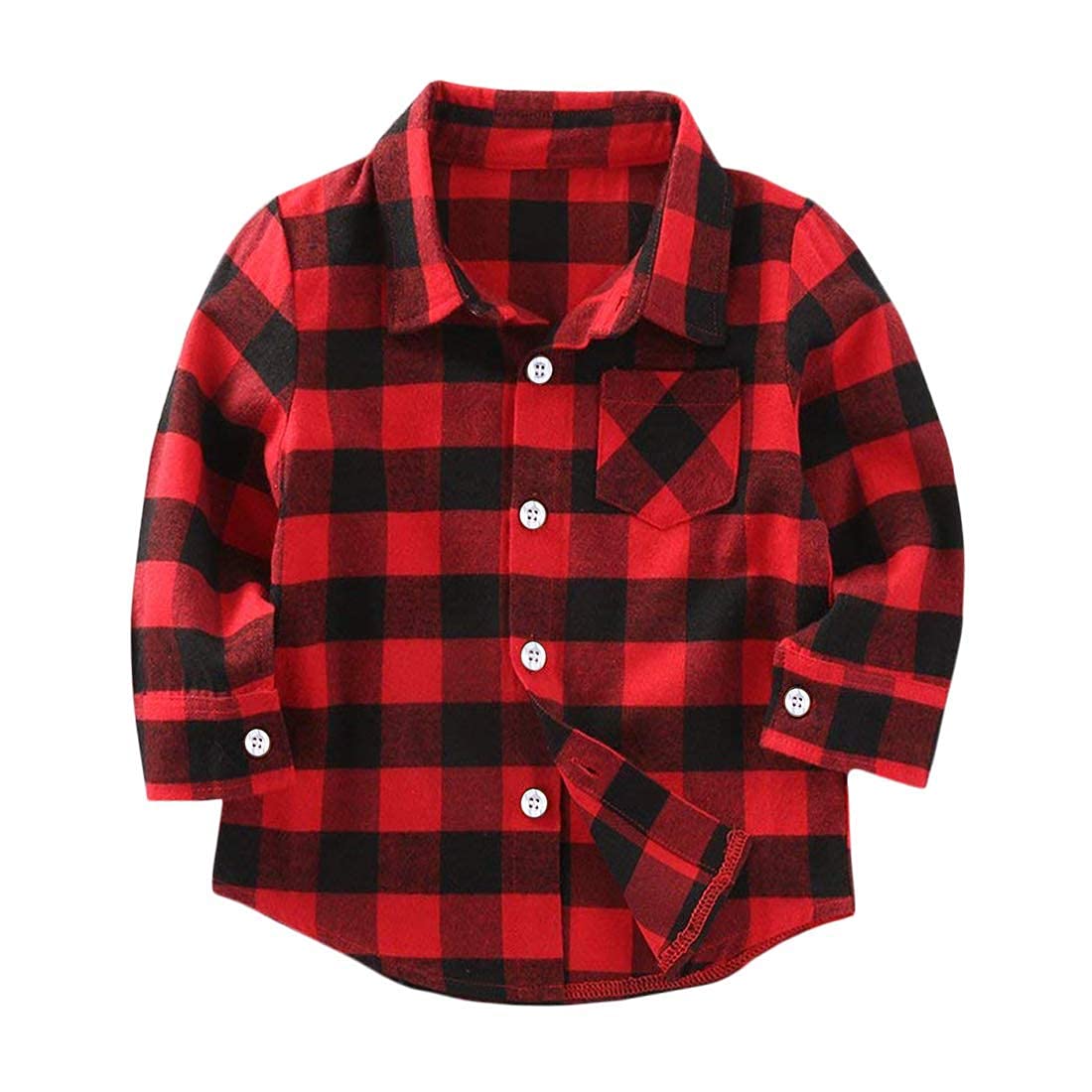 Fuermos Mens Flannel Plaid Shirt Unisex casual Button Down Shirt for Family Red-a