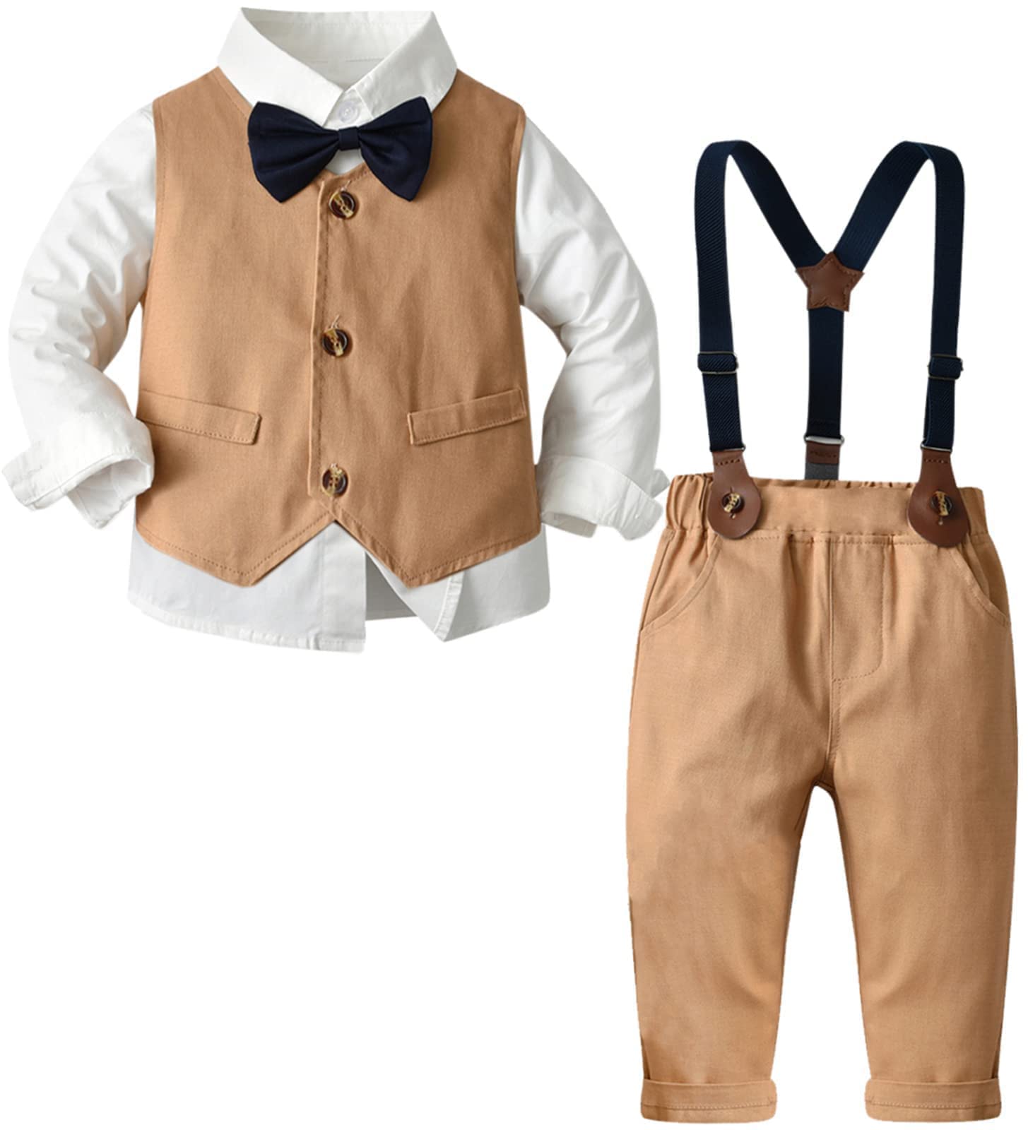 SANgTREE Kids Boys Tuxedo Outfit clothes, 3 Pieces Button-Down Dress Shirt with Bow Tie Vest Pants Set gentleman clothing, 1 Kha