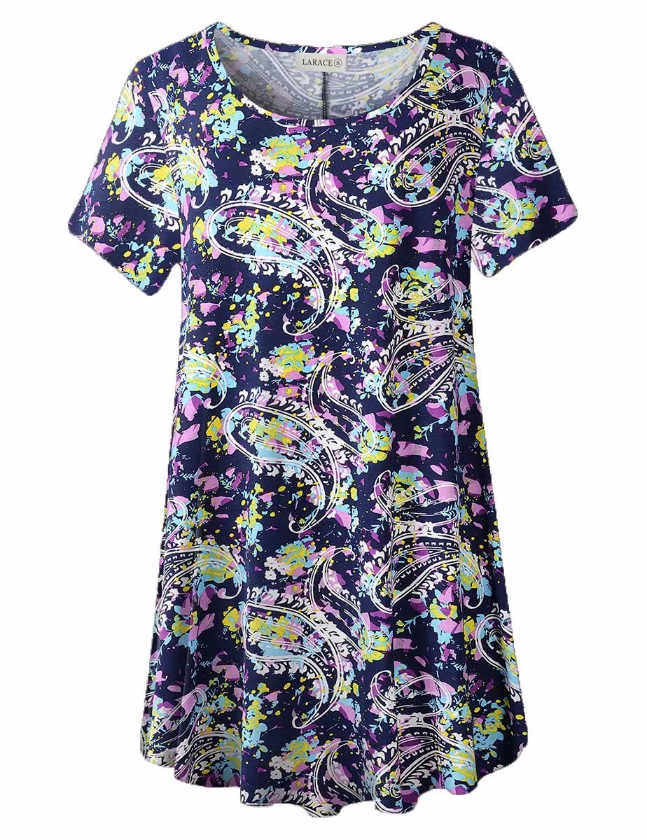 LARAcE Floral Shirts for Womens Short Sleeve Tops Plus Size Tunic Paisley Summer clothes casual Blouses(M, A-Navy13)