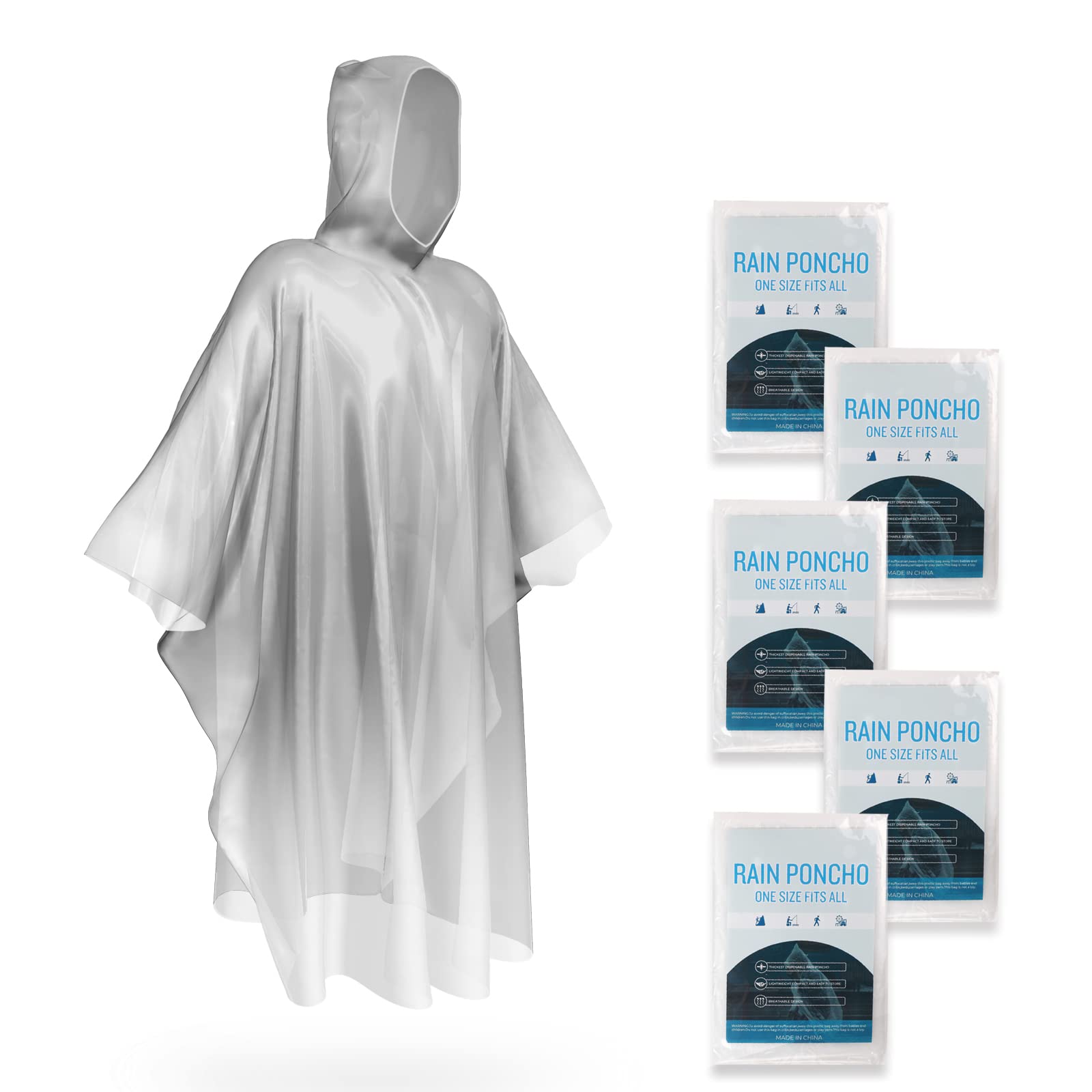 SaphiRose Disposable Rain Poncho clear Ponchos for Adults (5 Pack)